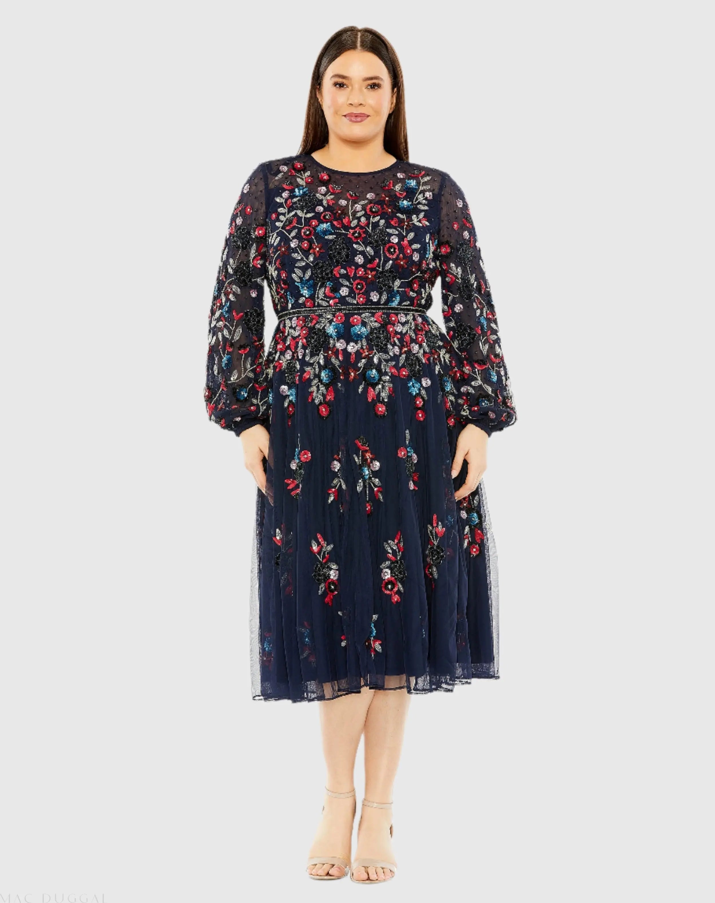 Navy Long Sleeve Beaded Cocktail Dress-Myartka