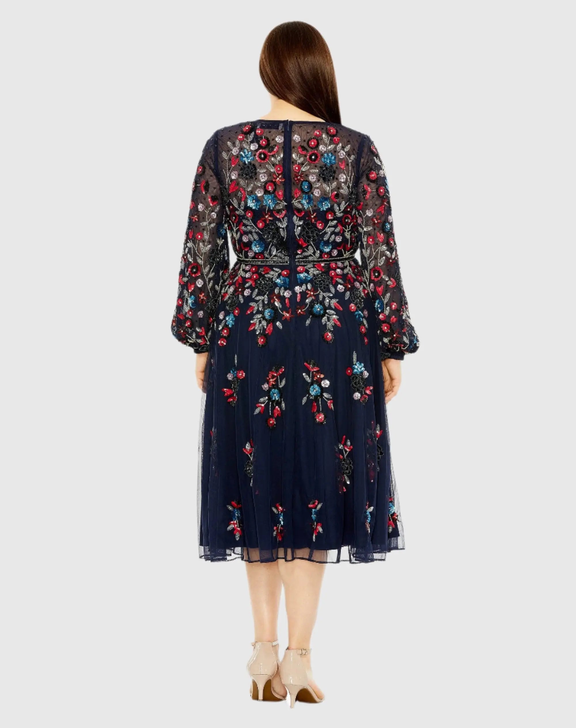 Navy Long Sleeve Beaded Cocktail Dress-Myartka