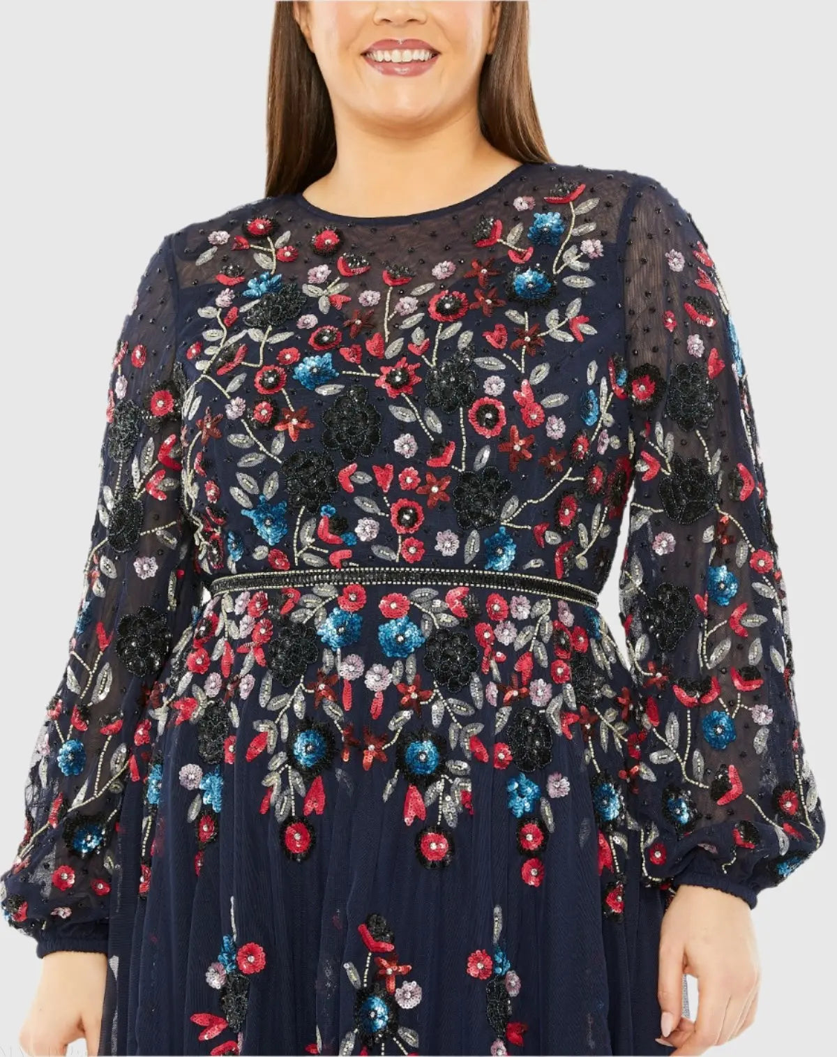 Navy Long Sleeve Beaded Cocktail Dress-Myartka