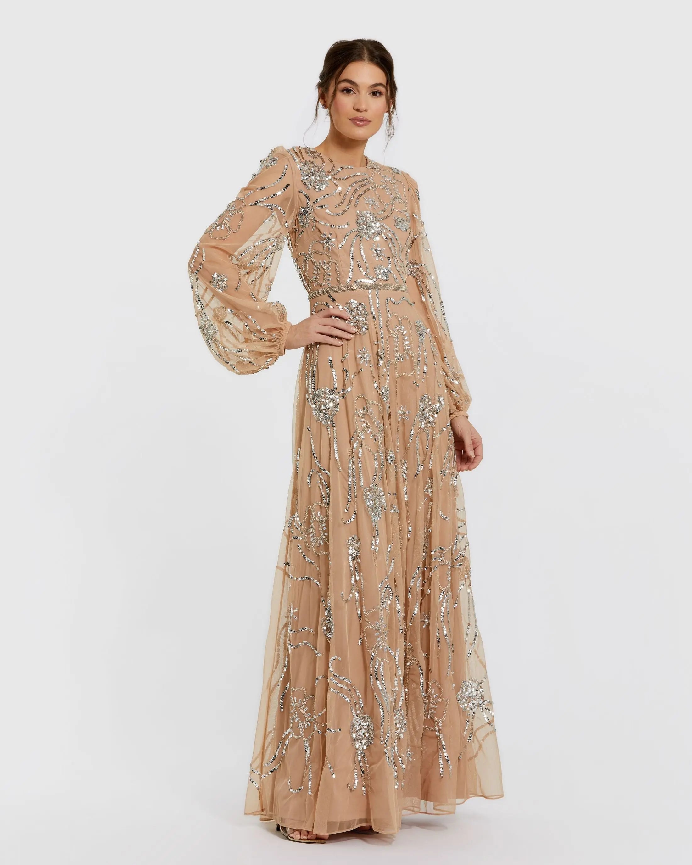 Beige Embellished High Neck Puff Sleeve Gown-Myartka