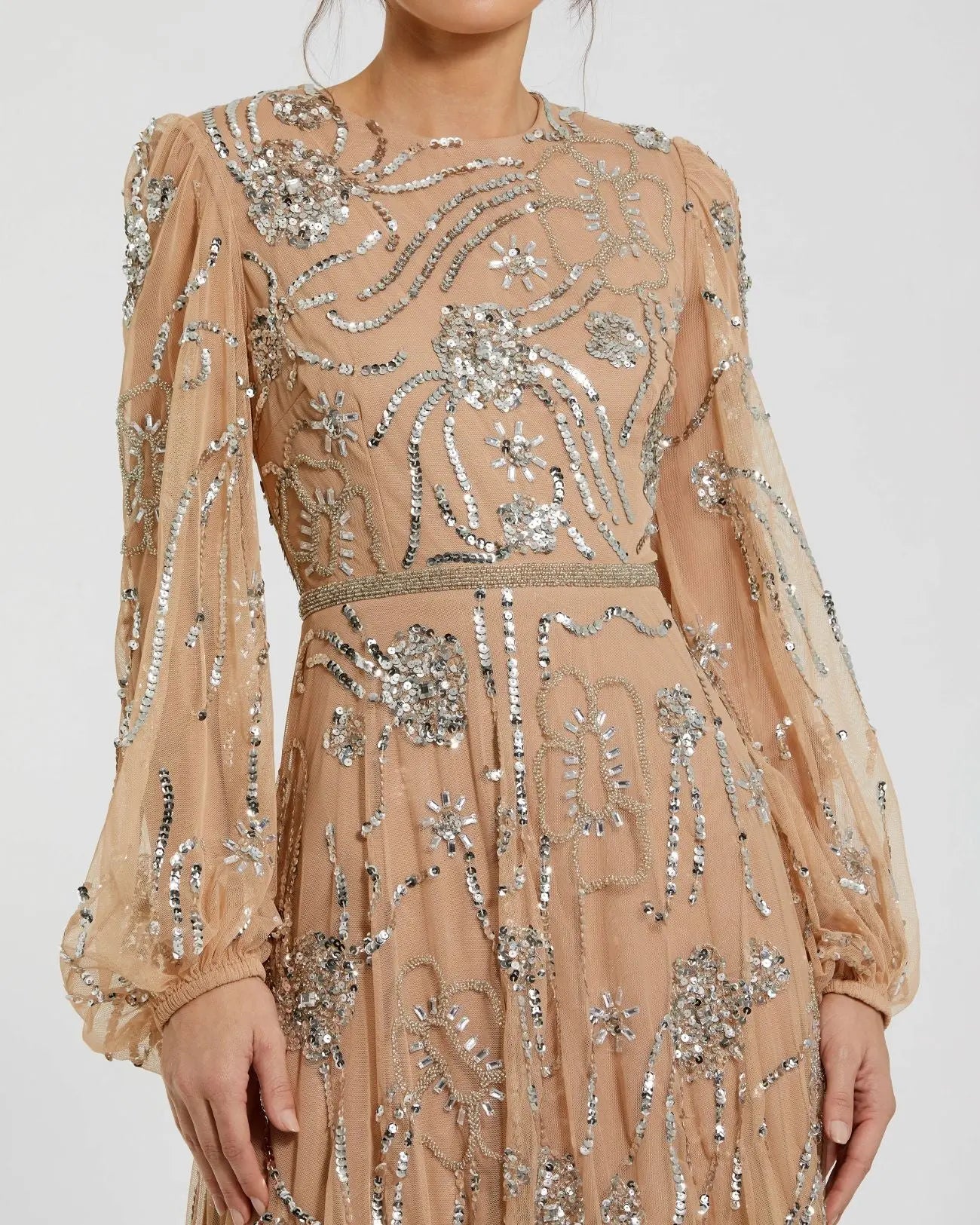 Beige Embellished High Neck Puff Sleeve Gown-Myartka