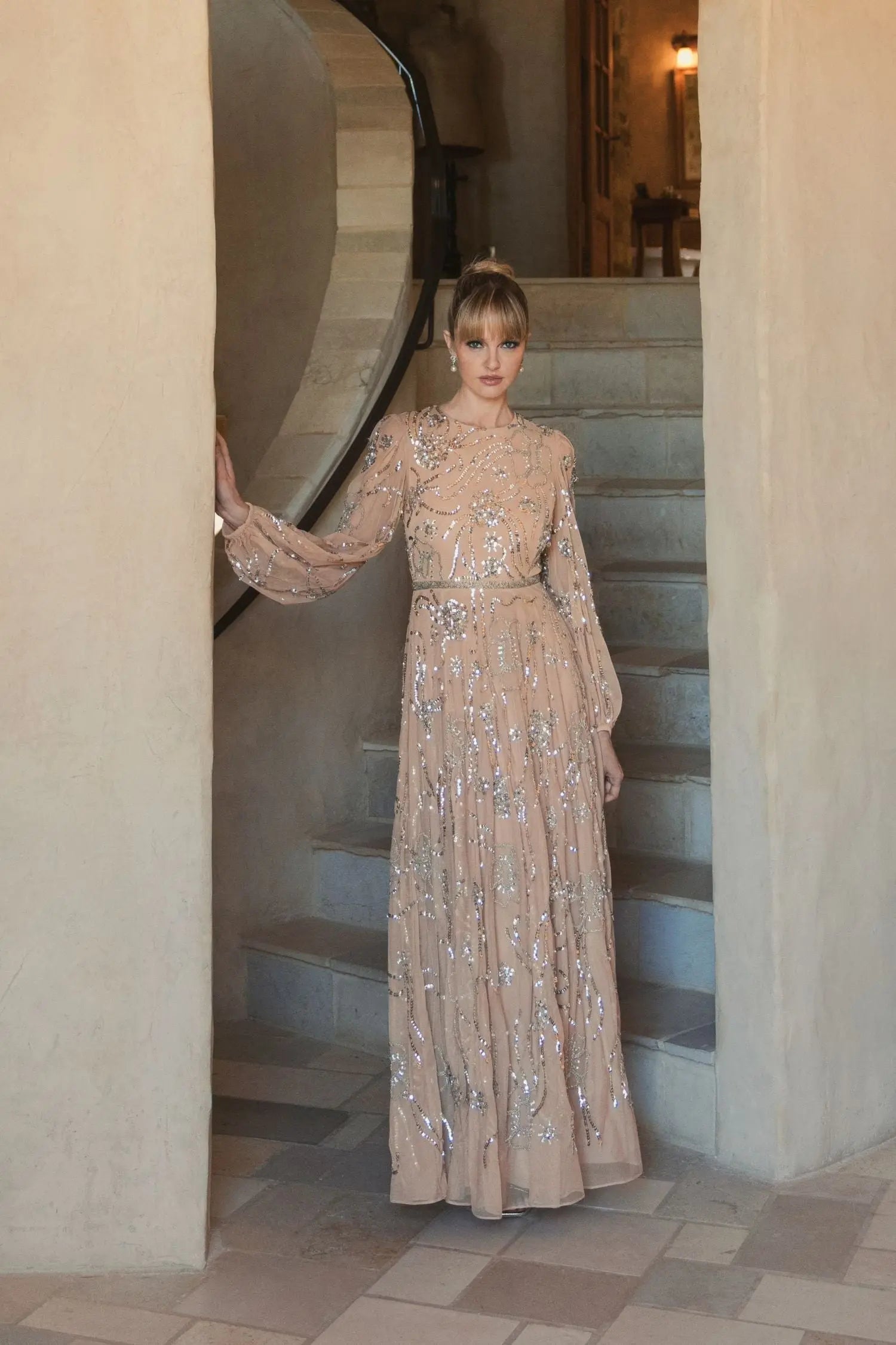 Beige Embellished High Neck Puff Sleeve Gown-Myartka