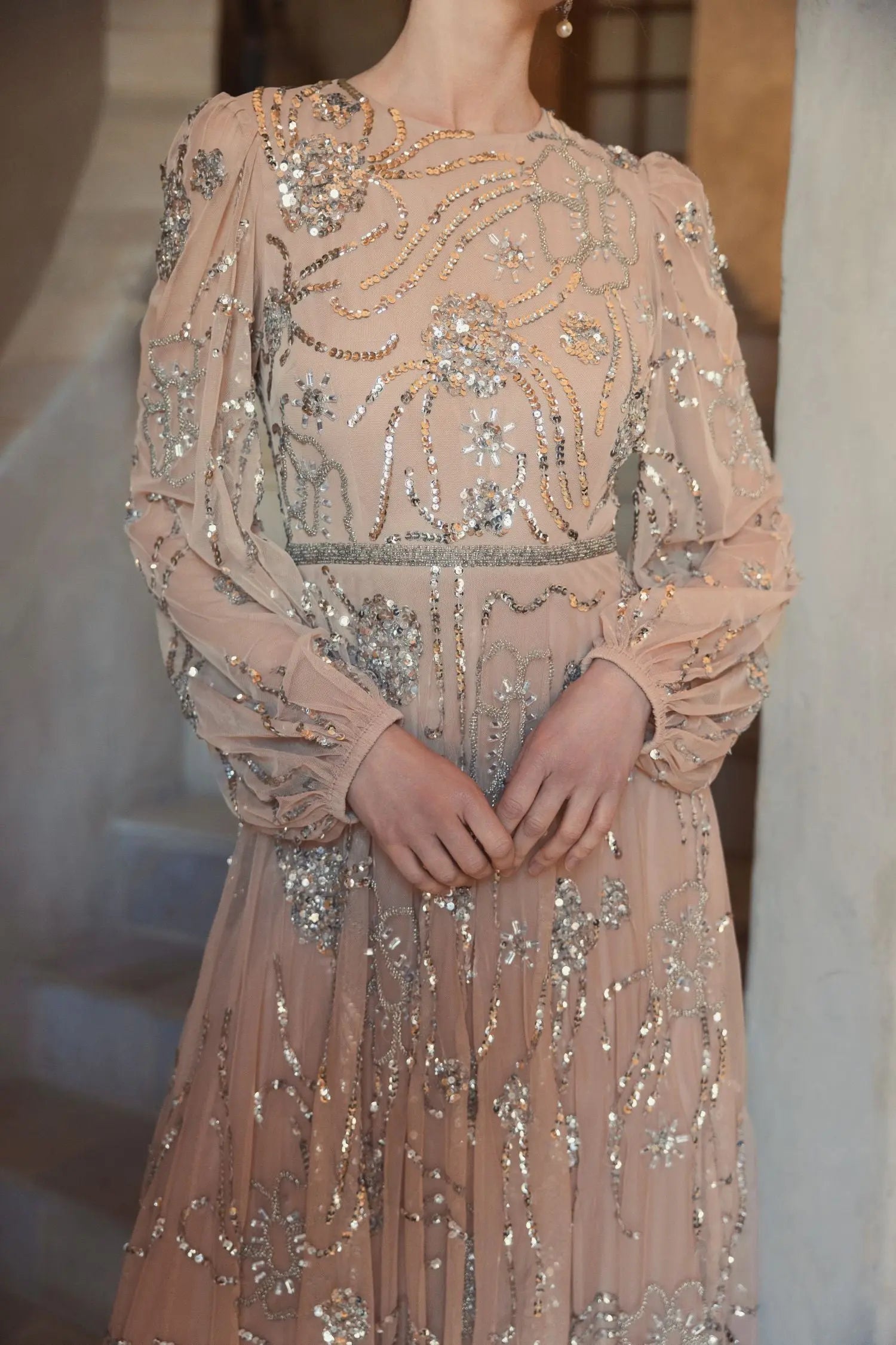 Beige Embellished High Neck Puff Sleeve Gown-Myartka