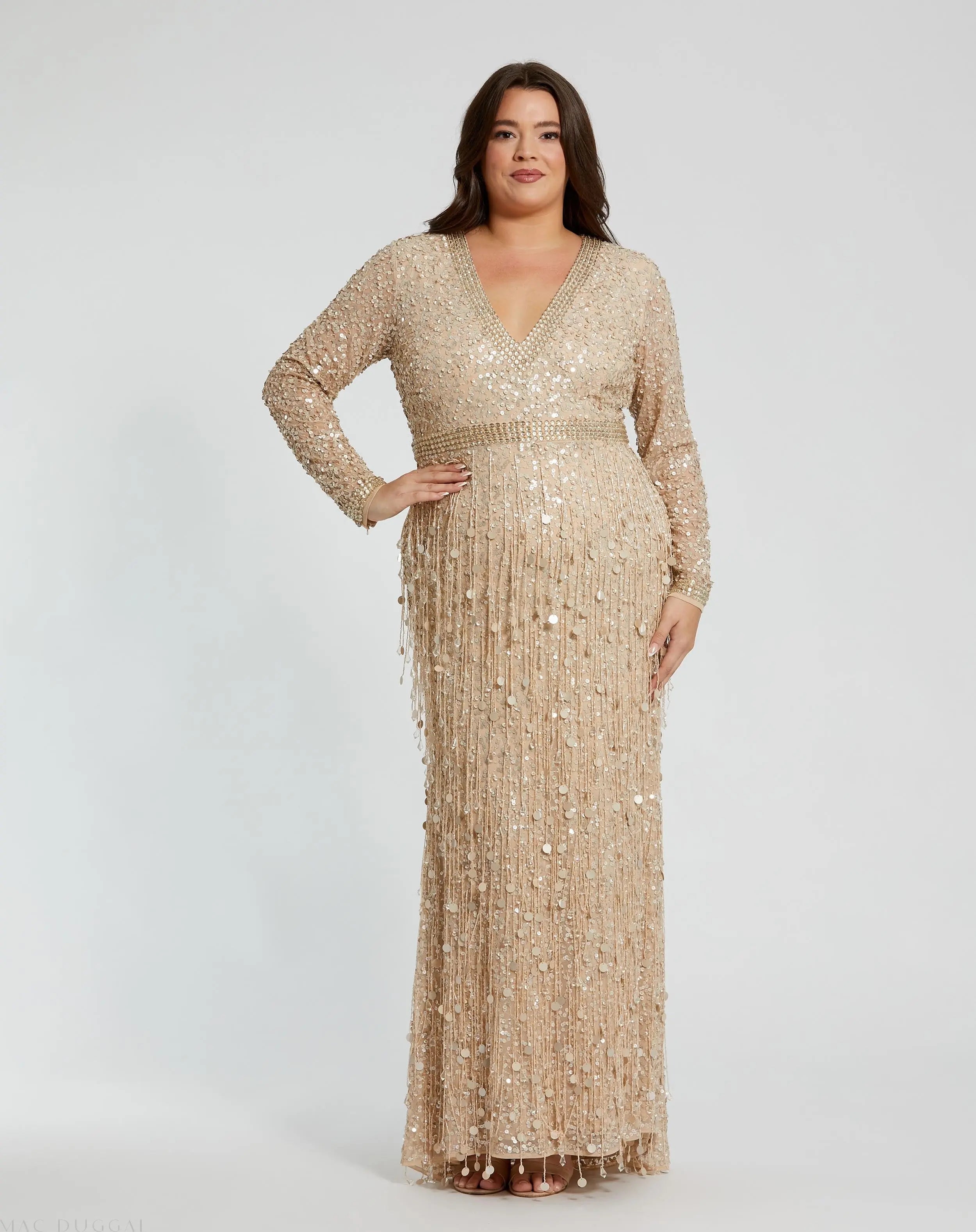 Beige Embellished Fringe Long Sleeve Gown (Plus)-Myartka