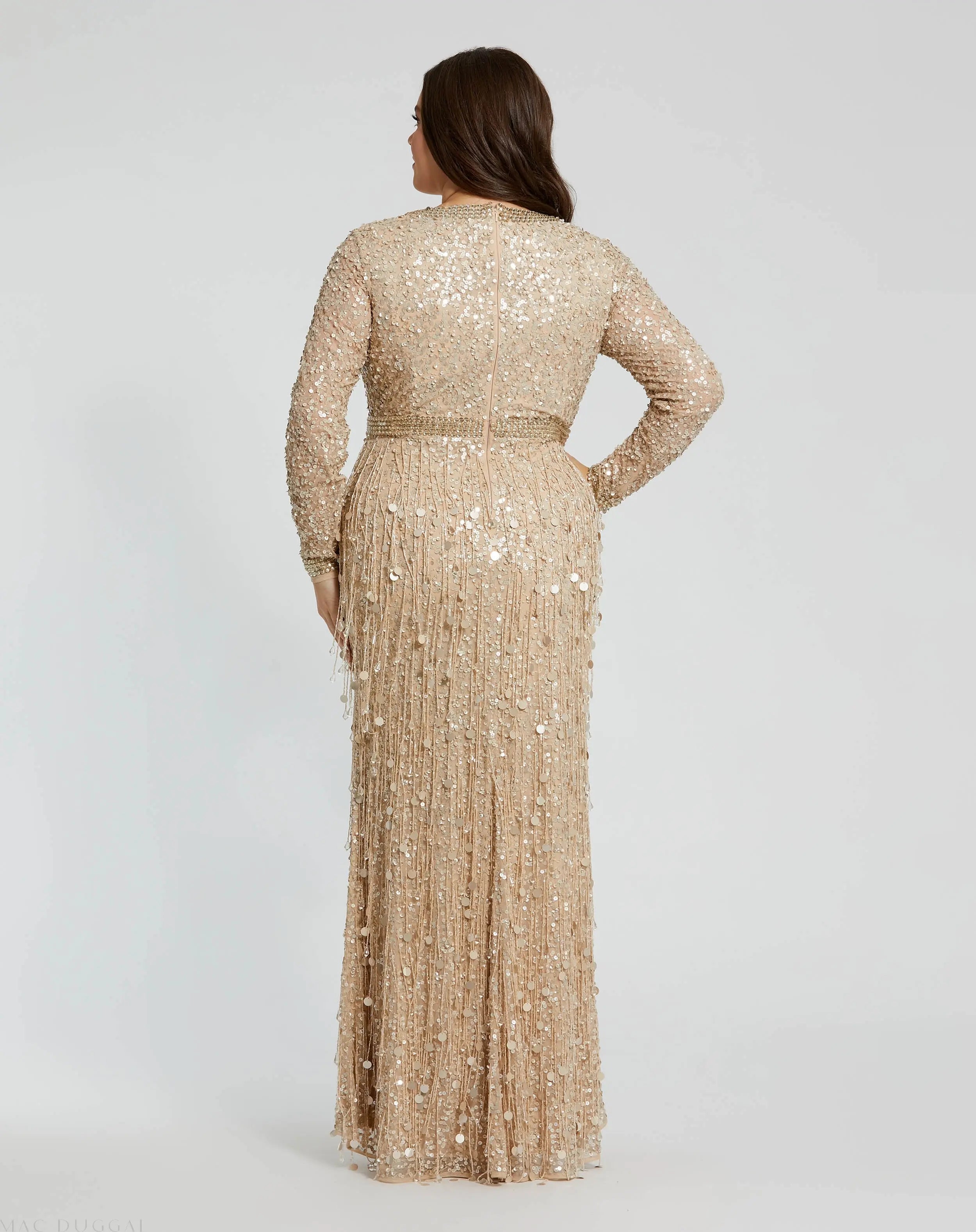 Beige Embellished Fringe Long Sleeve Gown (Plus)-Myartka