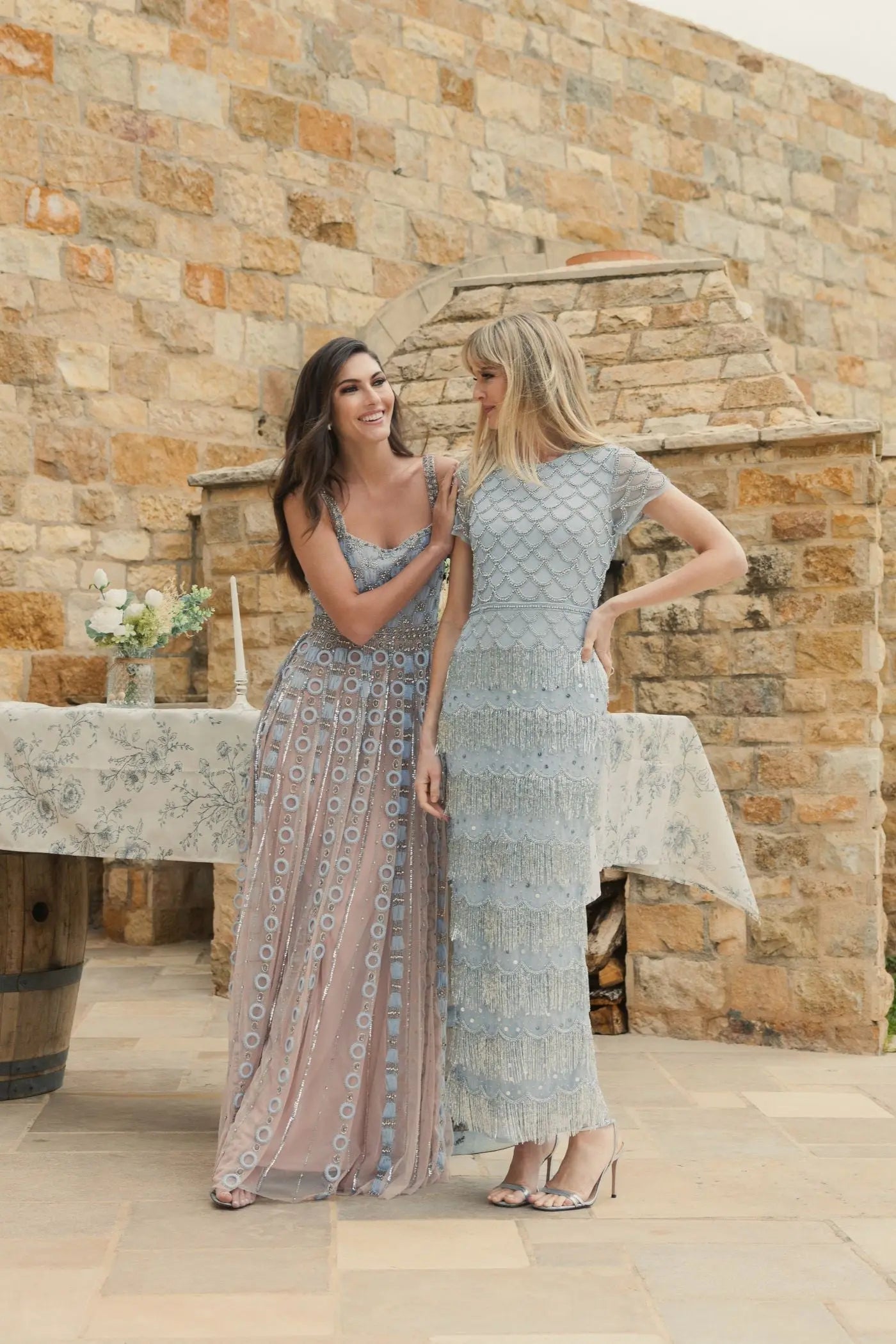 Blue Cap Sleeve Embellished Fringe Maxi Dress-Myartka