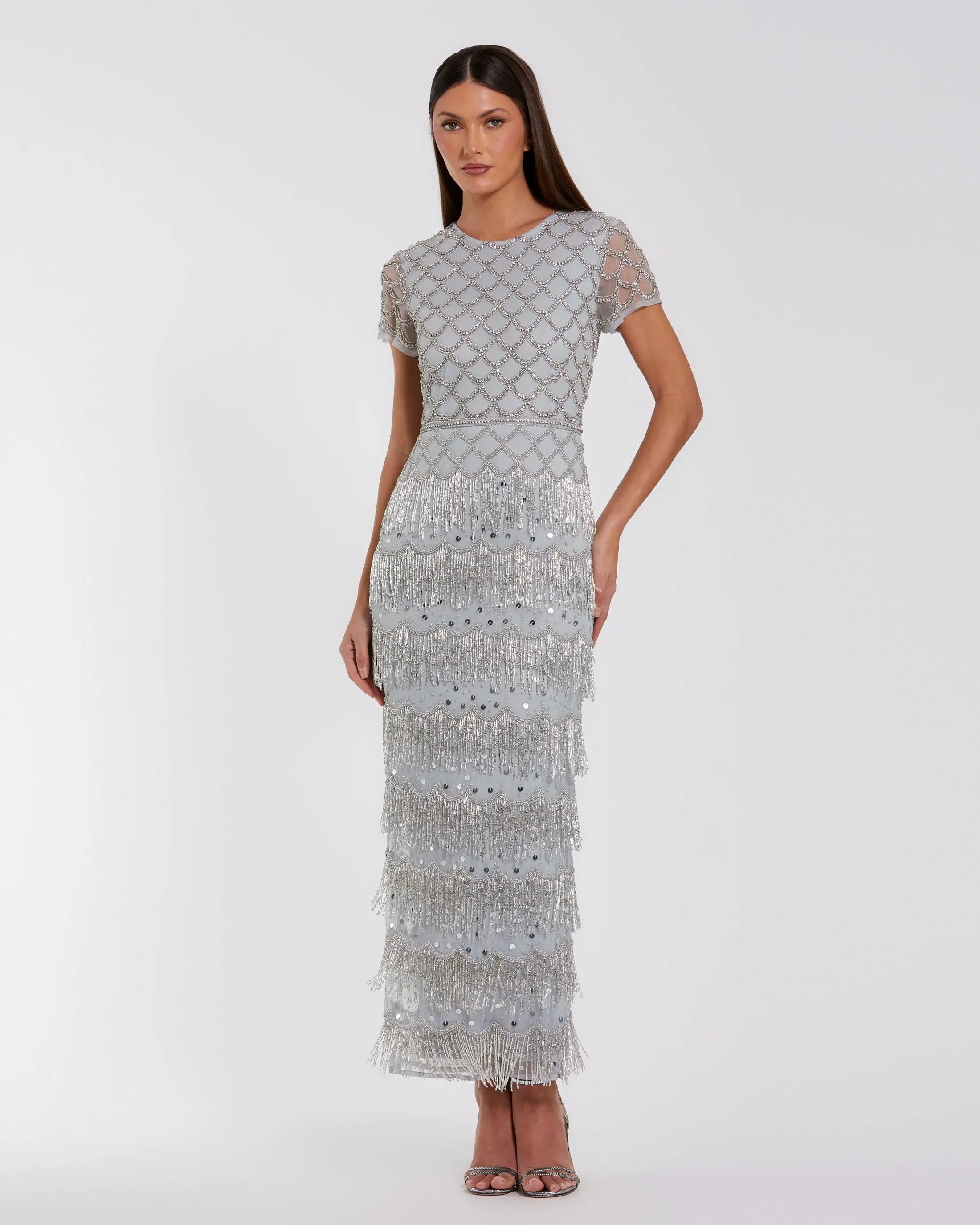 Blue Cap Sleeve Embellished Fringe Maxi Dress-Myartka