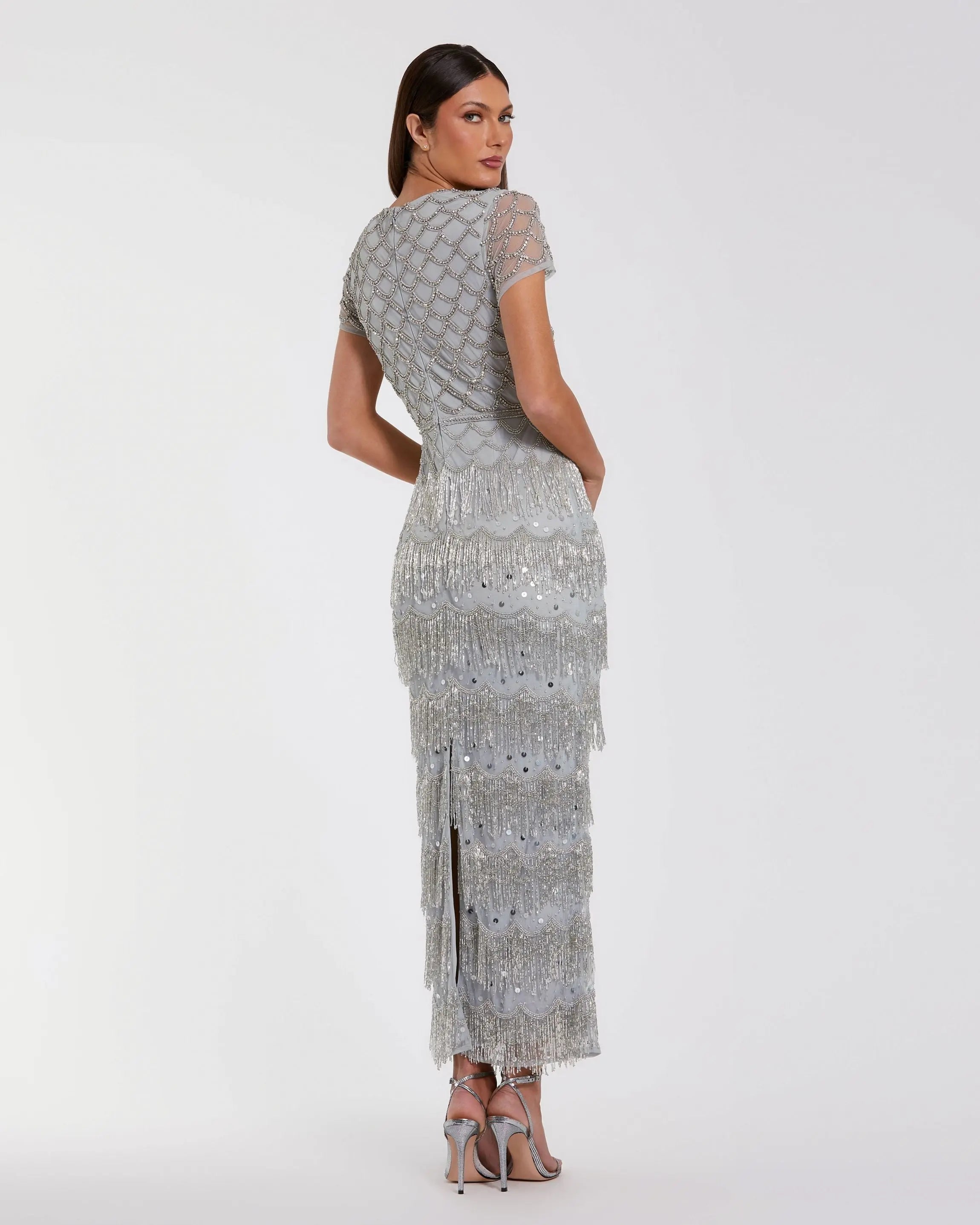 Blue Cap Sleeve Embellished Fringe Maxi Dress-Myartka