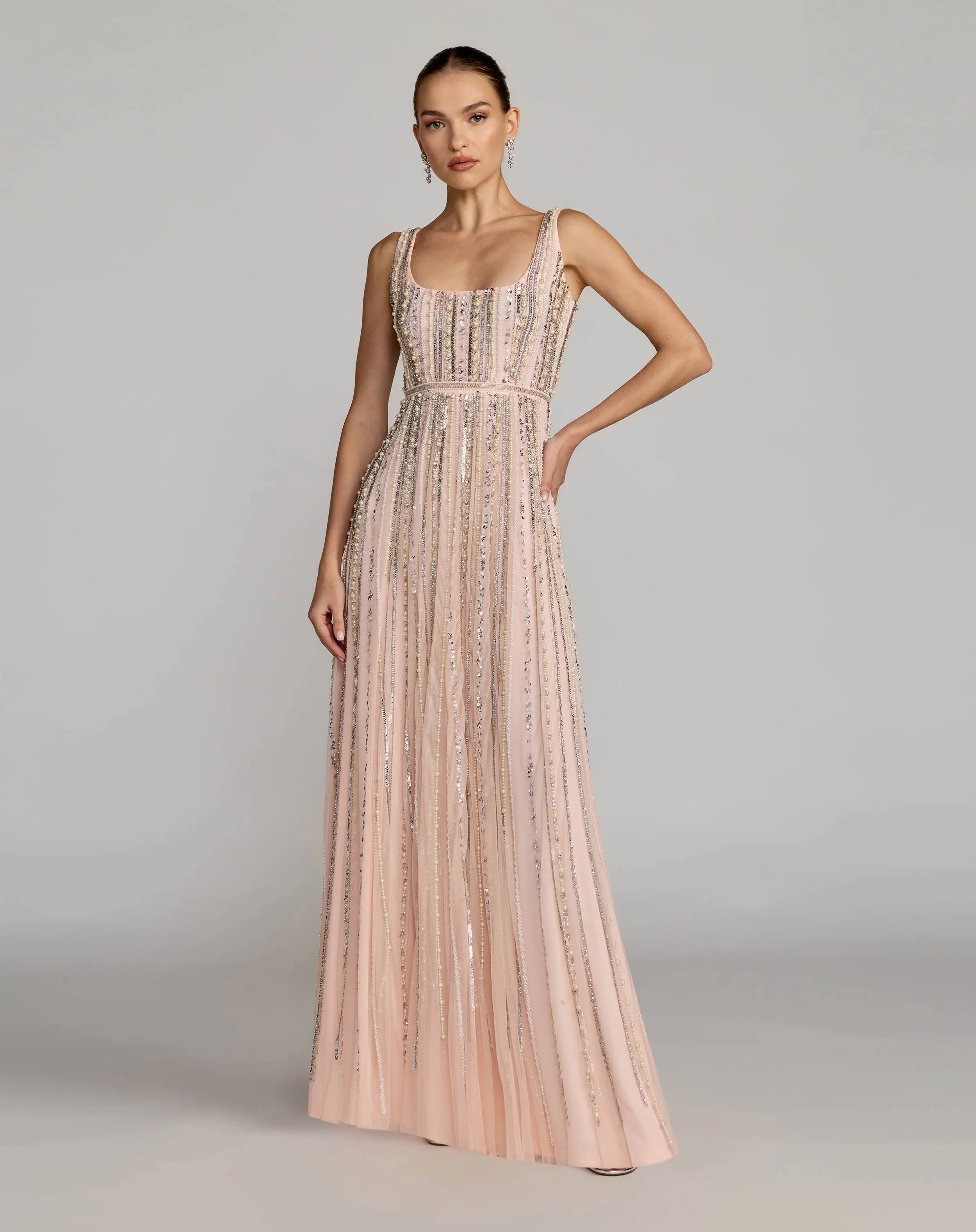 Pink Scoop Neck A-Line Gown With Striped Beading-Myartka