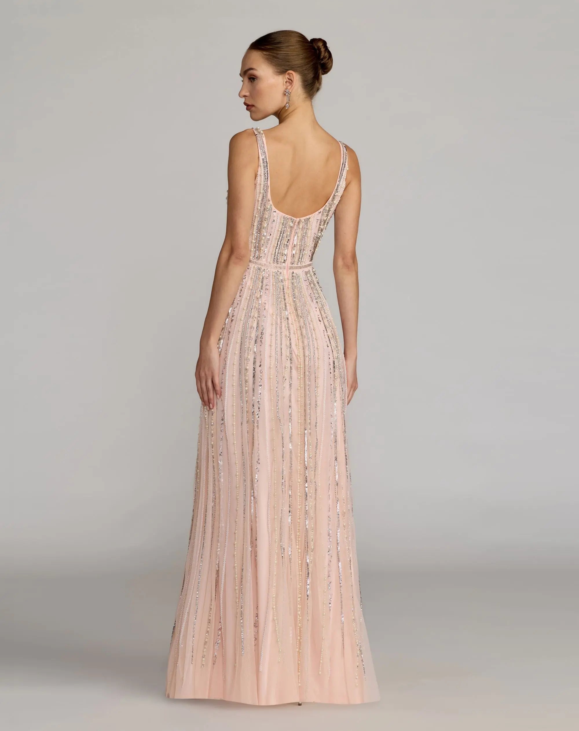 Pink Scoop Neck A-Line Gown With Striped Beading-Myartka