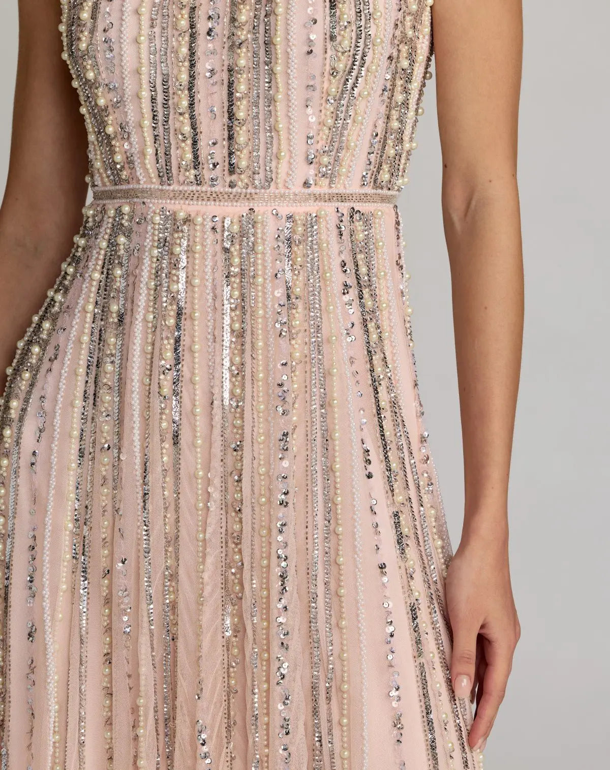 Pink Scoop Neck A-Line Gown With Striped Beading-Myartka
