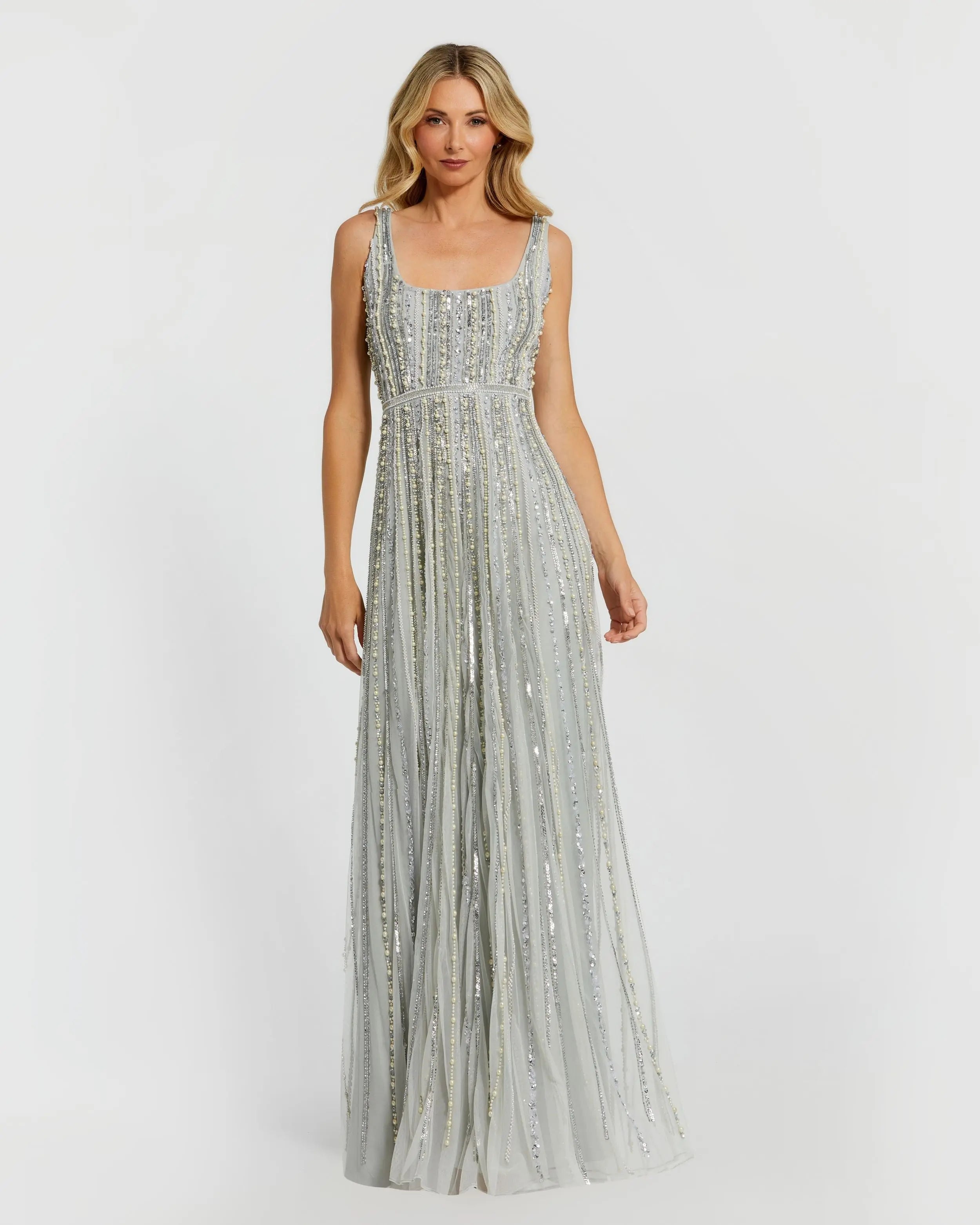Green Scoop Neck A-Line Gown With Striped Beading-Myartka