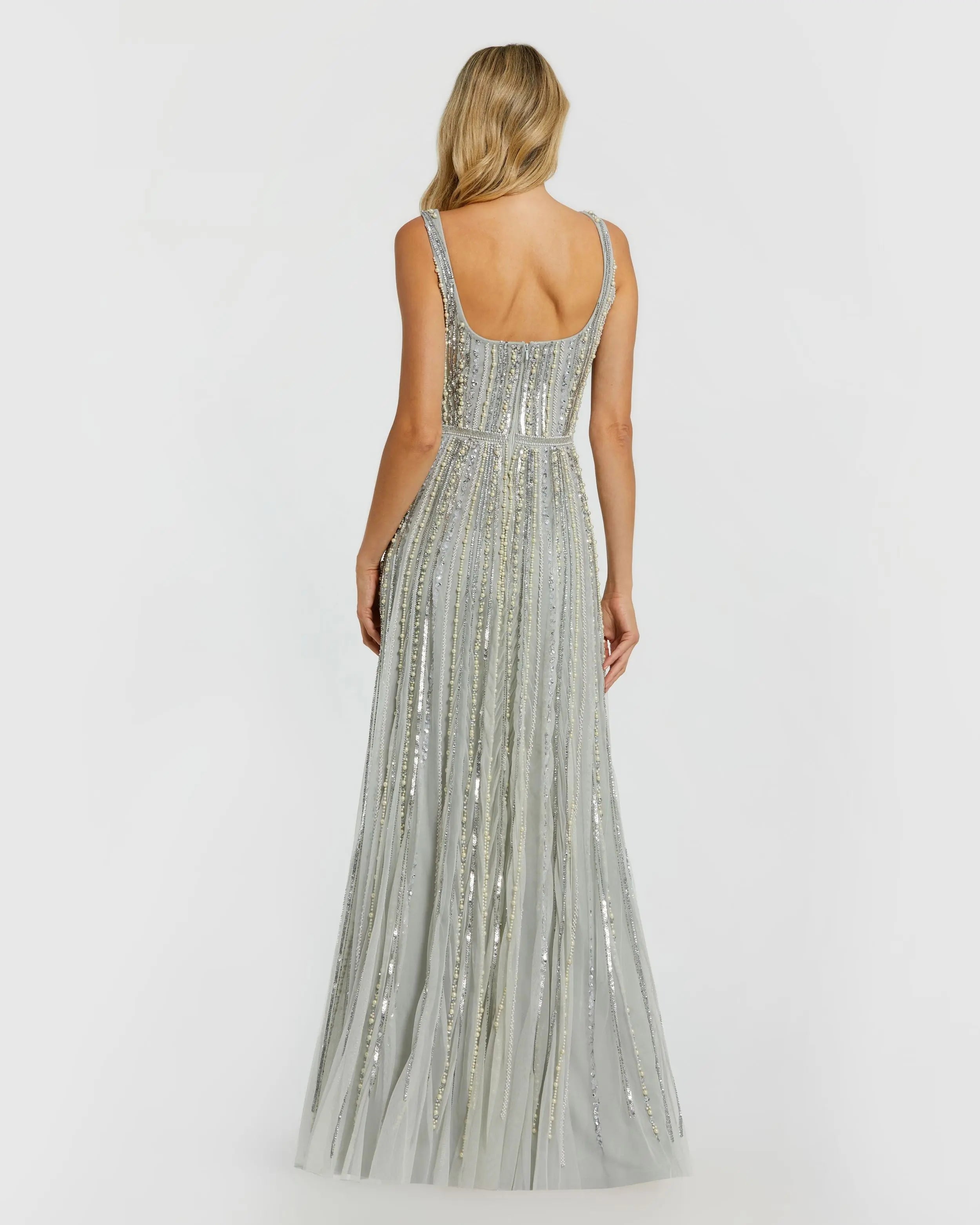 Green Scoop Neck A-Line Gown With Striped Beading-Myartka