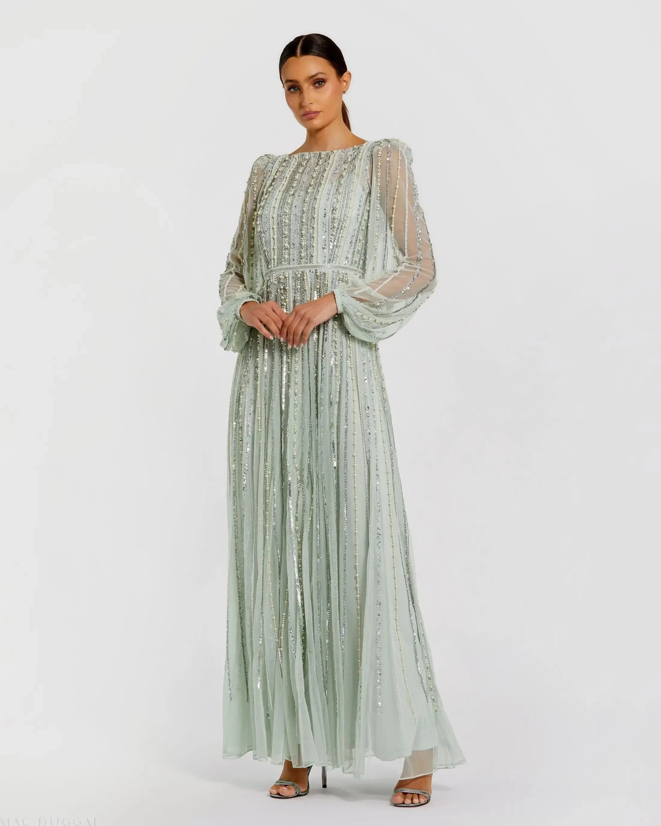 Green Boat Neck Long Sleeve Beaded Gown-Myartka
