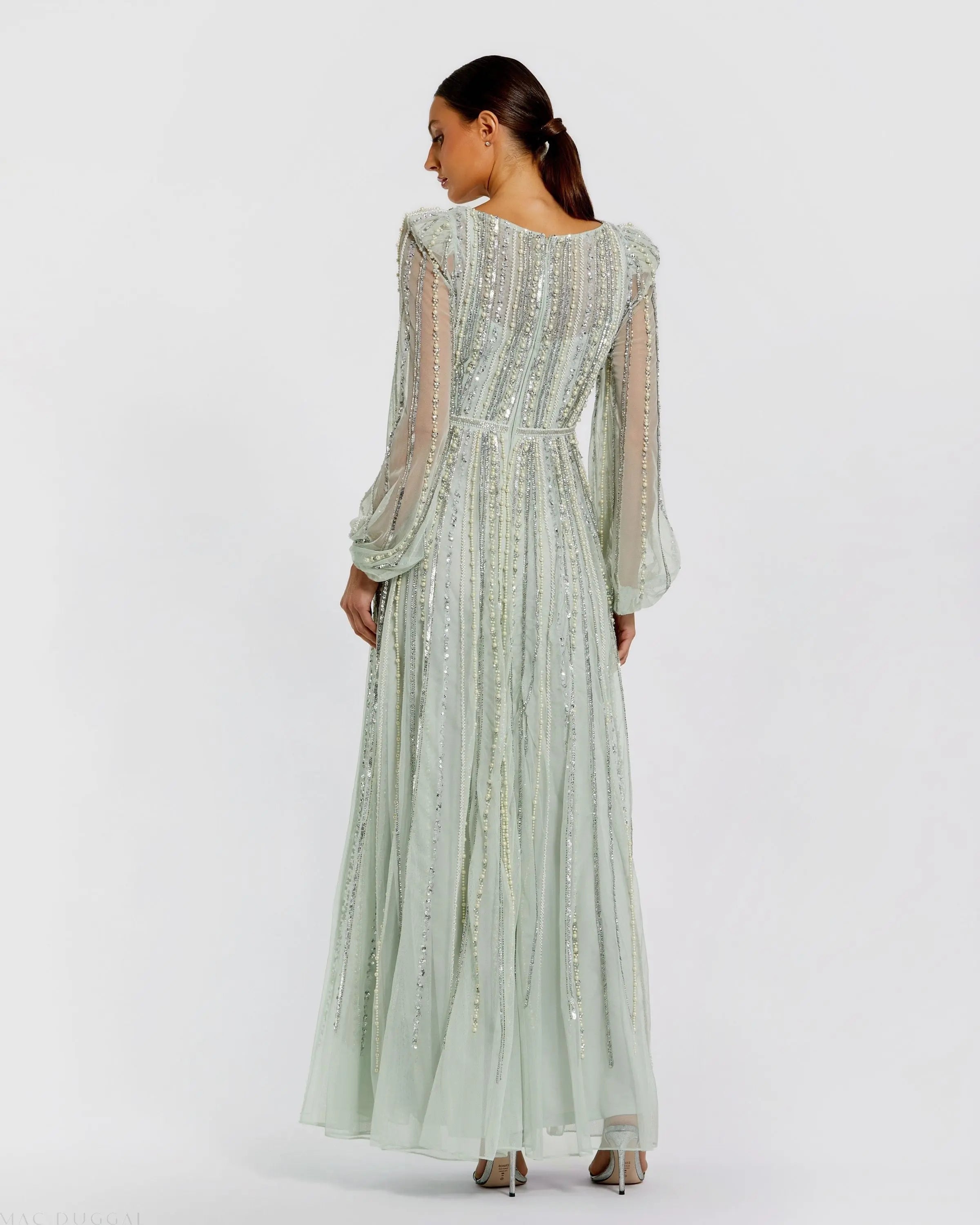 Green Boat Neck Long Sleeve Beaded Gown-Myartka