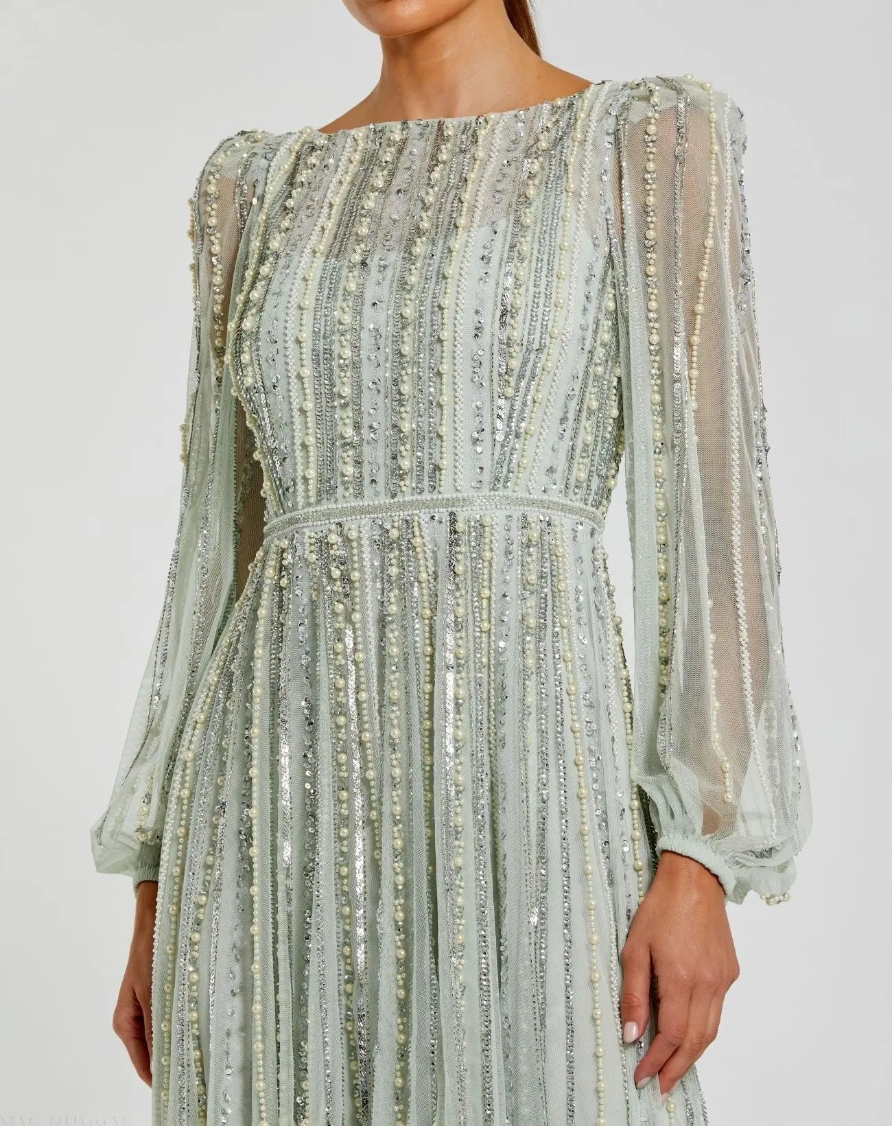 Green Boat Neck Long Sleeve Beaded Gown-Myartka