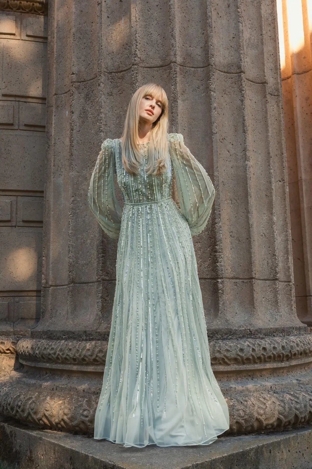 Green Boat Neck Long Sleeve Beaded Gown-Myartka