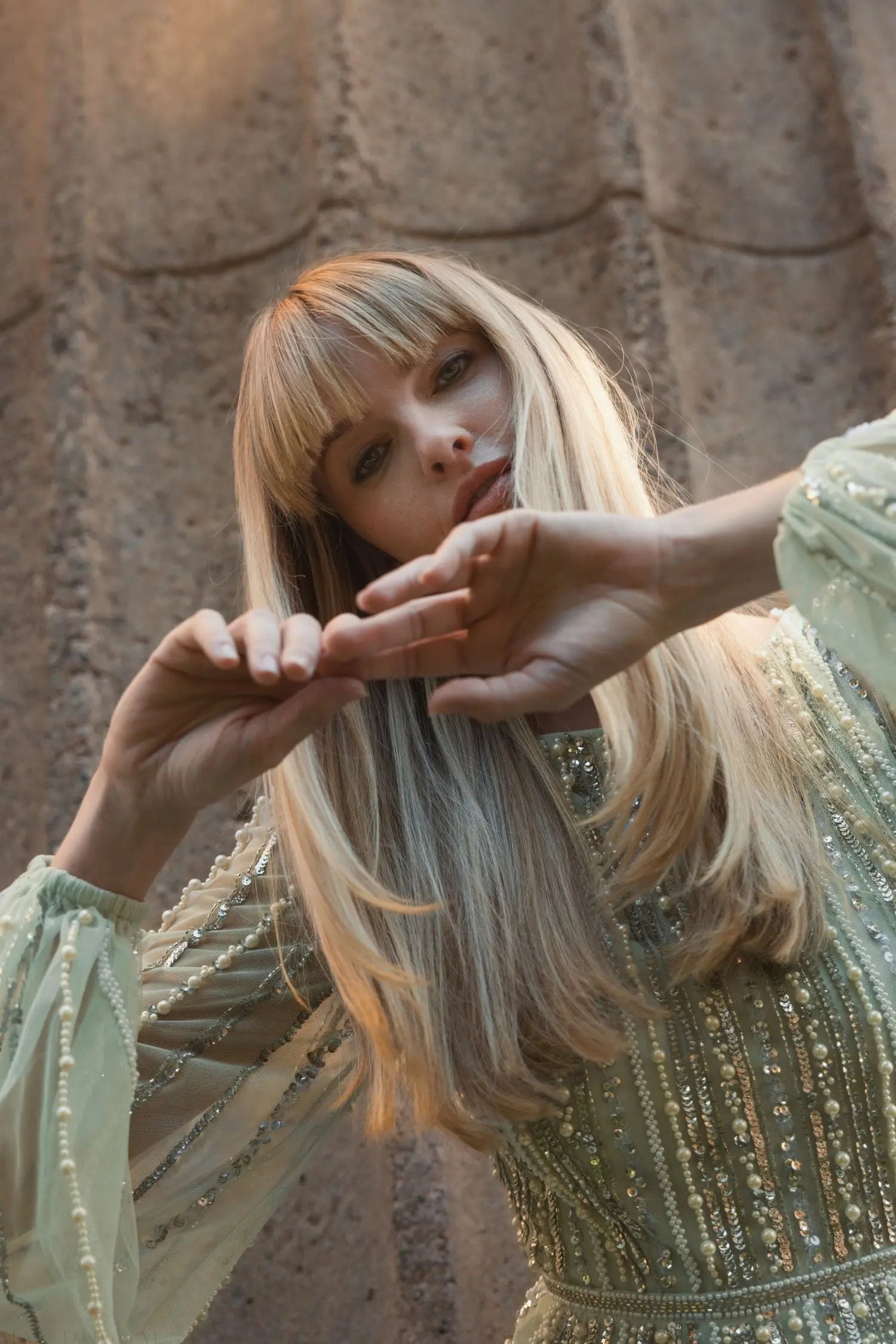 Green Boat Neck Long Sleeve Beaded Gown-Myartka