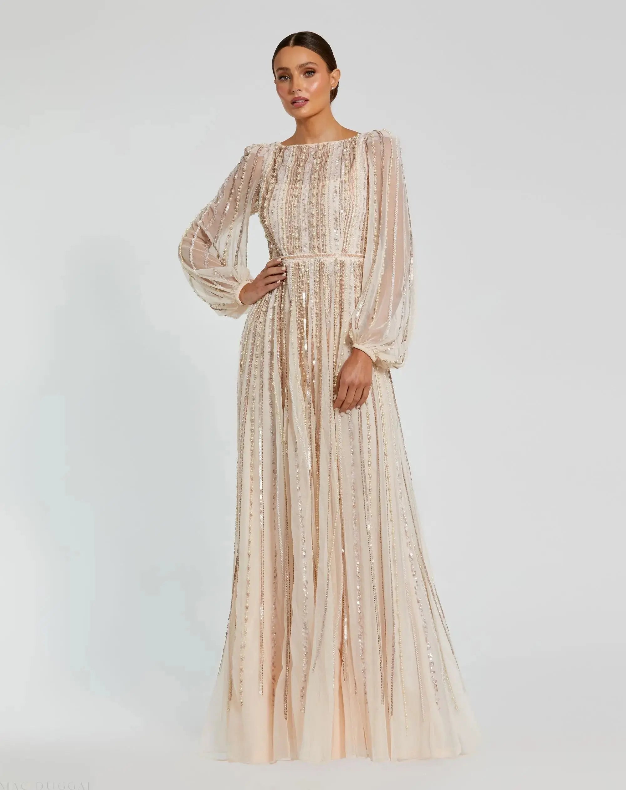 Pink Boat Neck Long Sleeve Gown With Striped Beading-Myartka