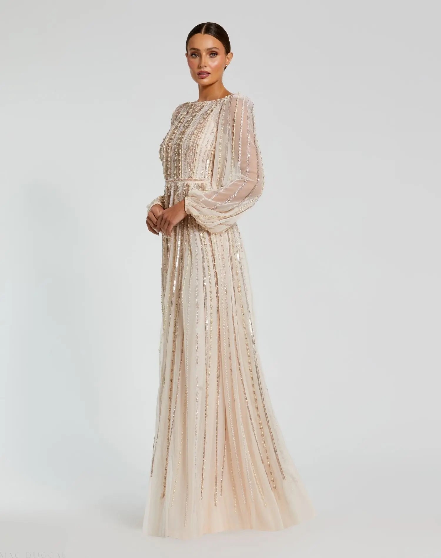 Pink Boat Neck Long Sleeve Gown With Striped Beading-Myartka