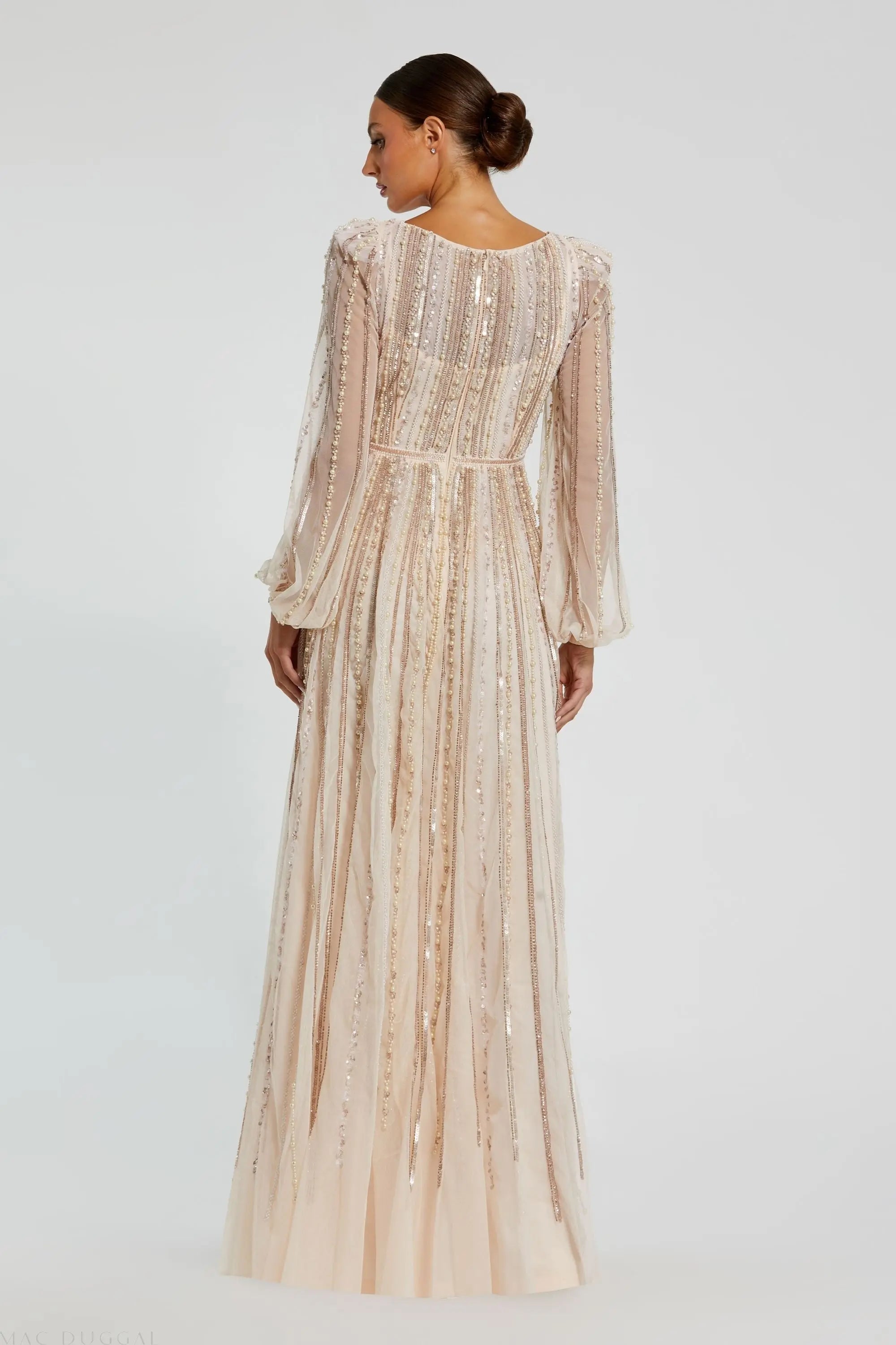 Pink Boat Neck Long Sleeve Gown With Striped Beading-Myartka