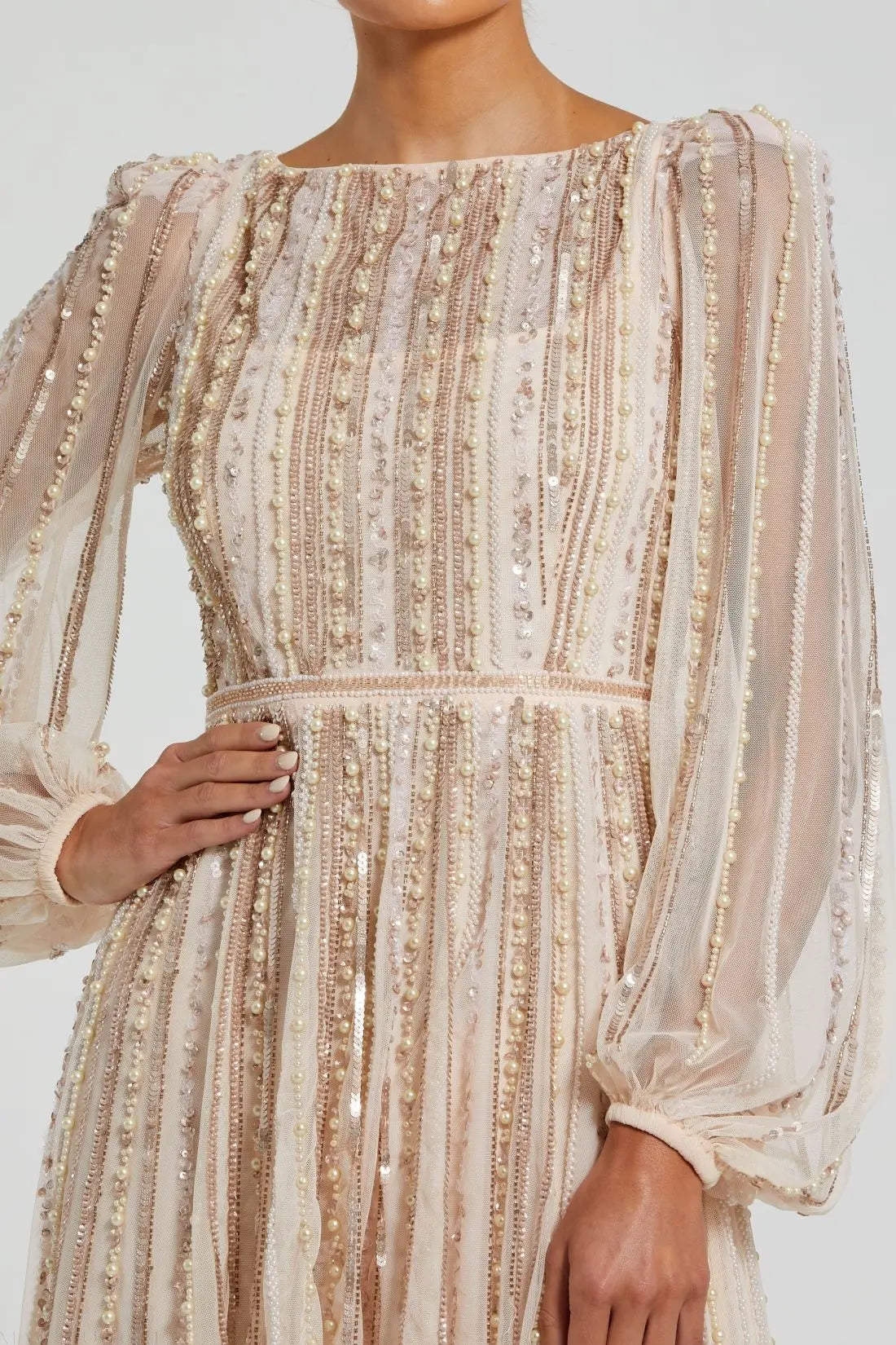 Pink Boat Neck Long Sleeve Gown With Striped Beading-Myartka