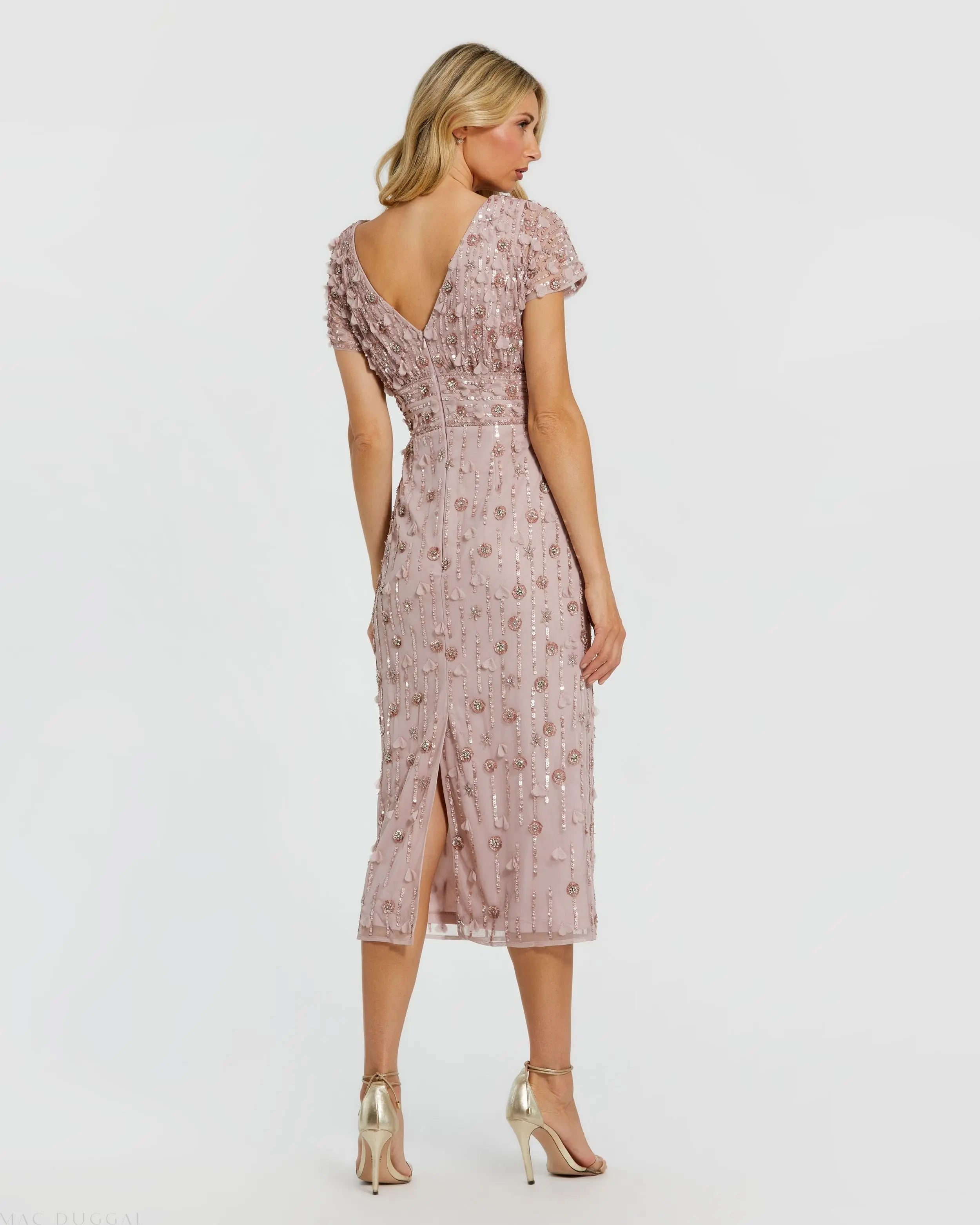 Pink Cap Sleeve Sheath Midi Dress With Floral Beading-Myartka