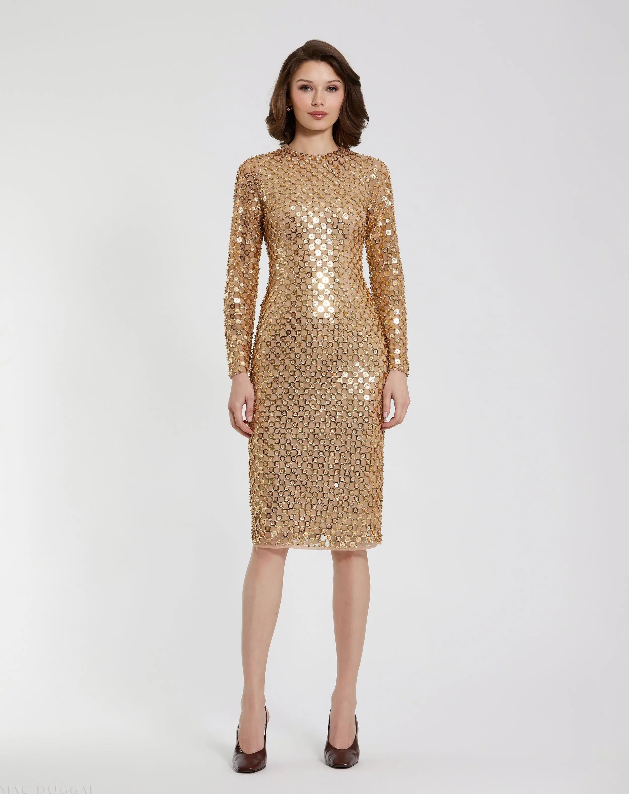 Gold Beaded Georgette Long Sleeve Fitted Midi Dress - FINAL SALE-Myartka