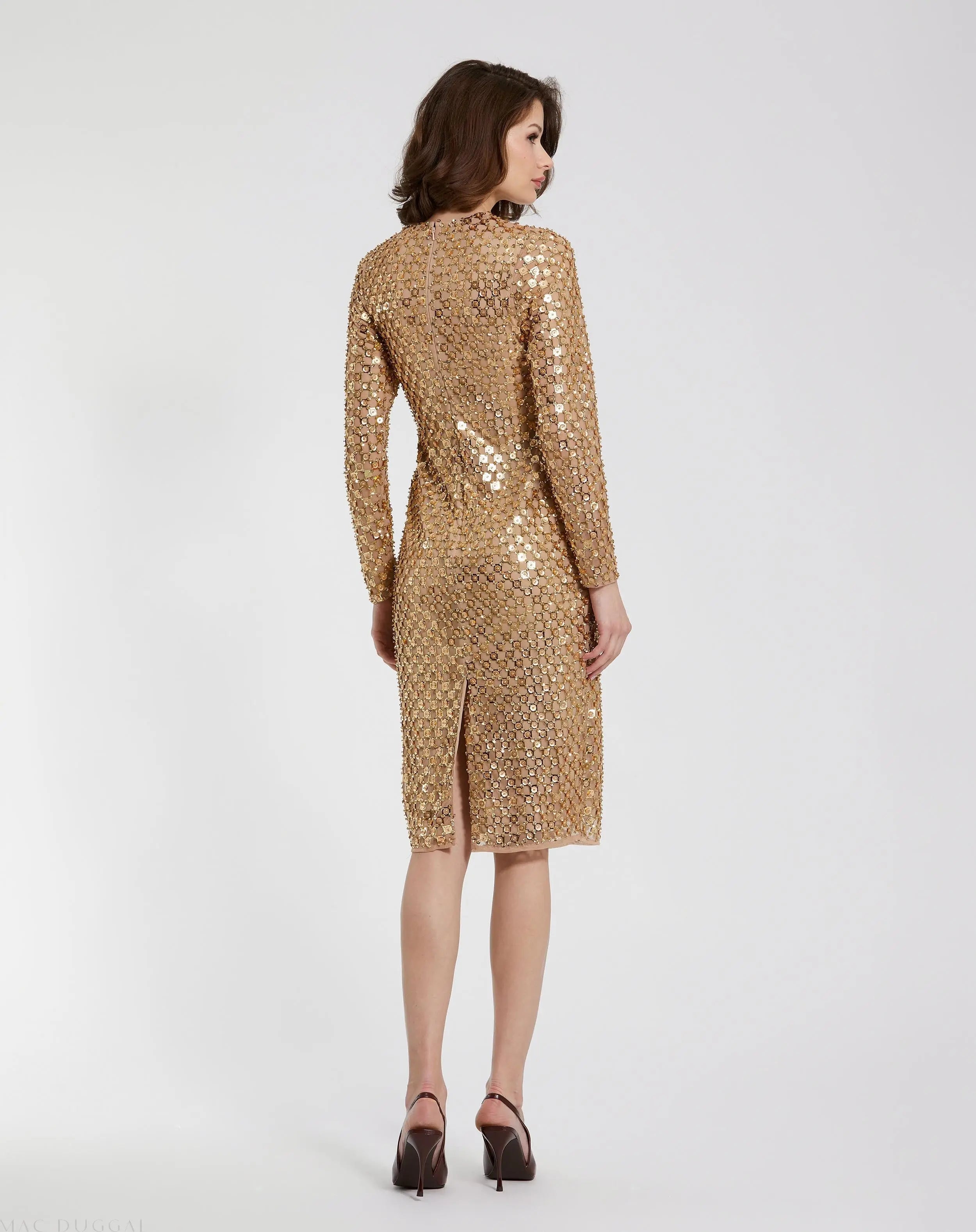 Gold Beaded Georgette Long Sleeve Fitted Midi Dress - FINAL SALE-Myartka