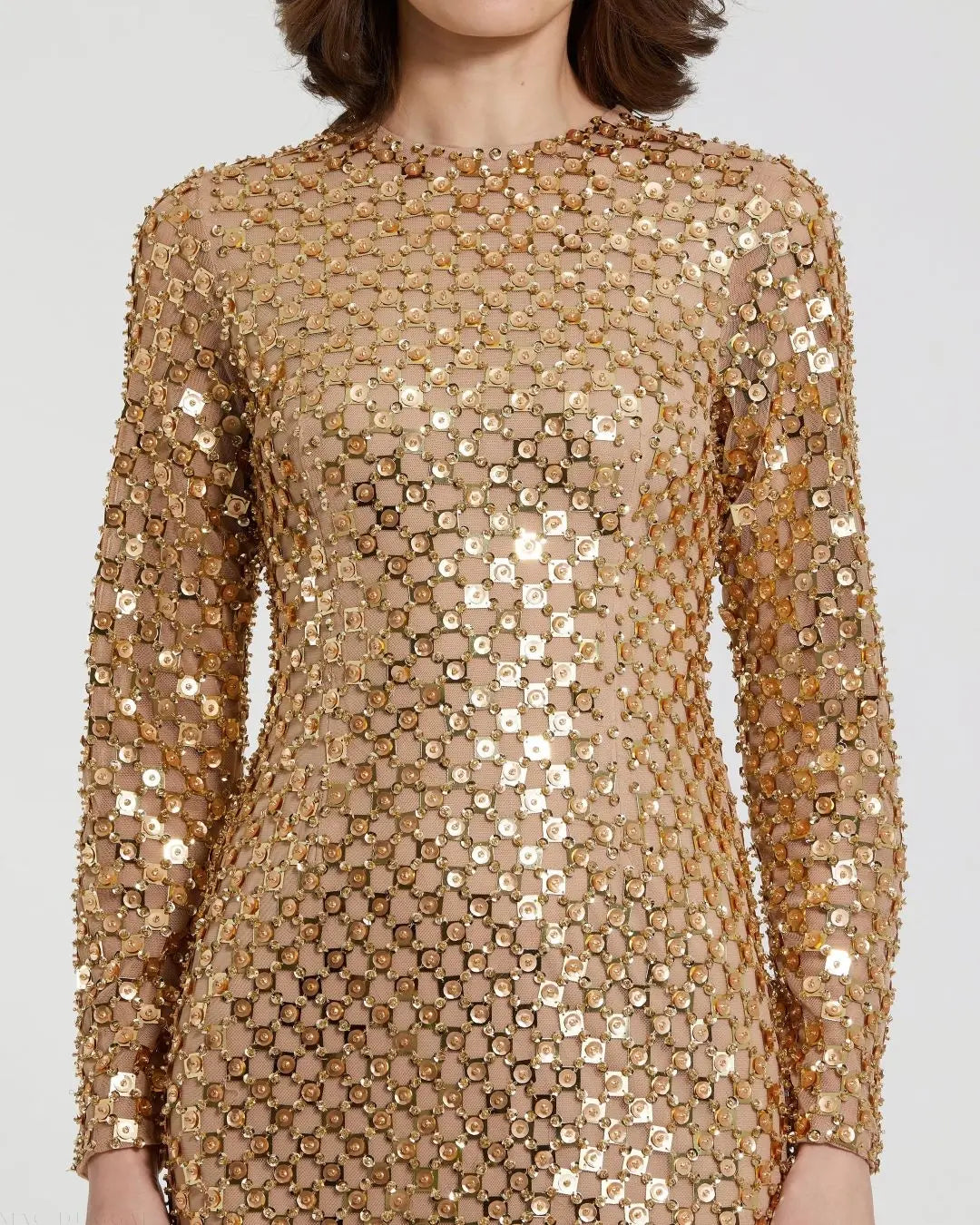 Gold Beaded Georgette Long Sleeve Fitted Midi Dress - FINAL SALE-Myartka