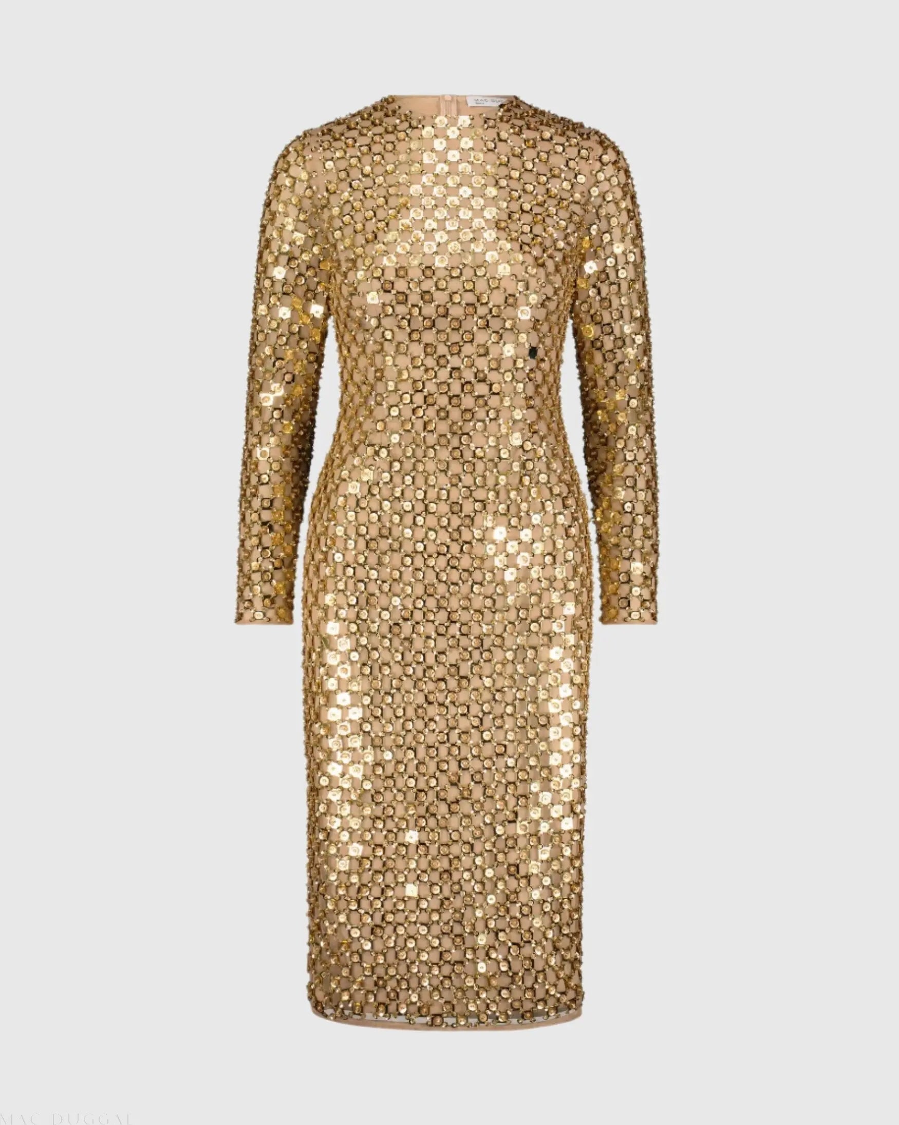 Gold Beaded Georgette Long Sleeve Fitted Midi Dress - FINAL SALE-Myartka