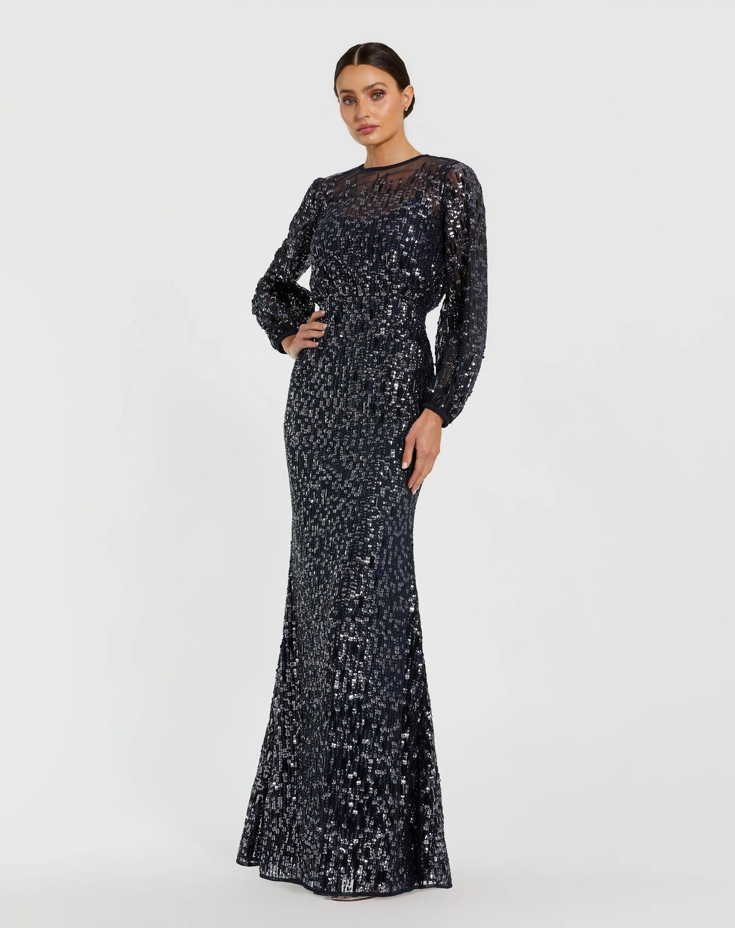 Navy Sequin Long Sleeve Blouson Evening Gown-Myartka