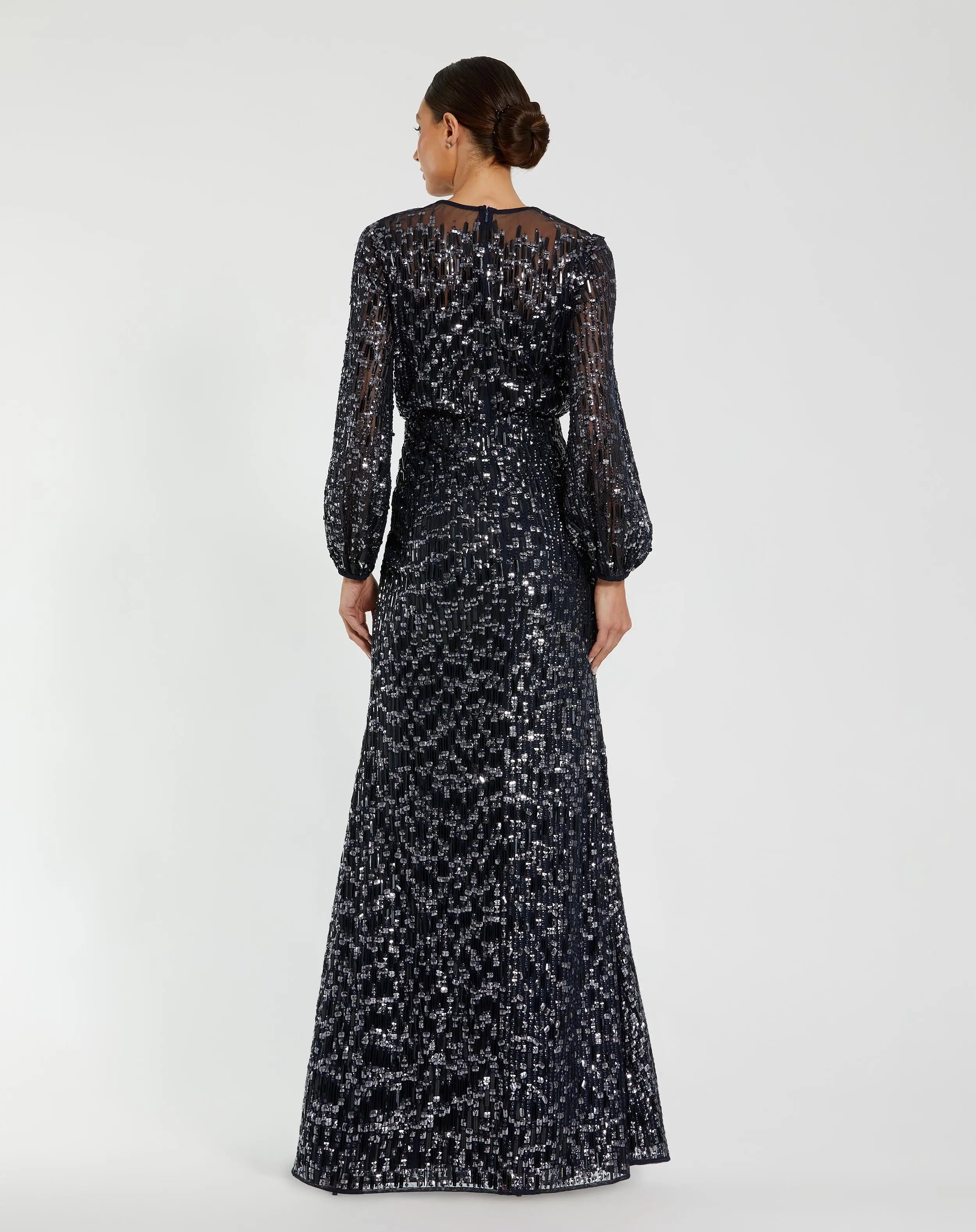 Navy Sequin Long Sleeve Blouson Evening Gown-Myartka