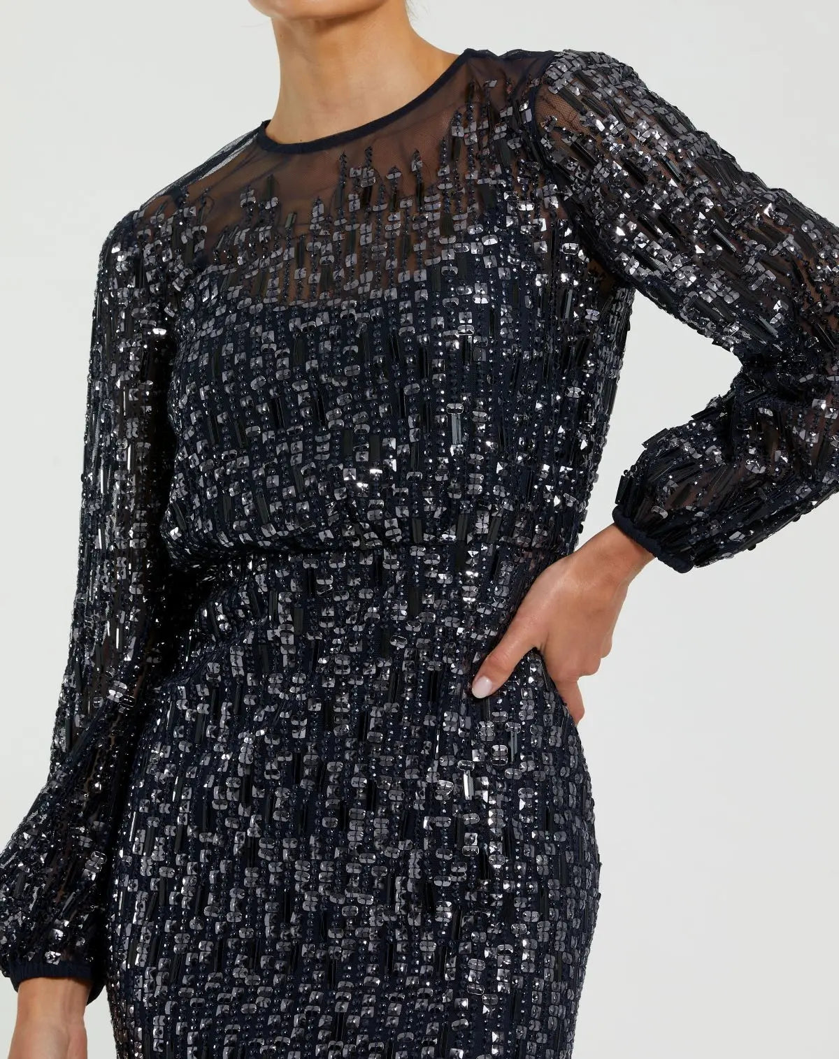 Navy Sequin Long Sleeve Blouson Evening Gown-Myartka