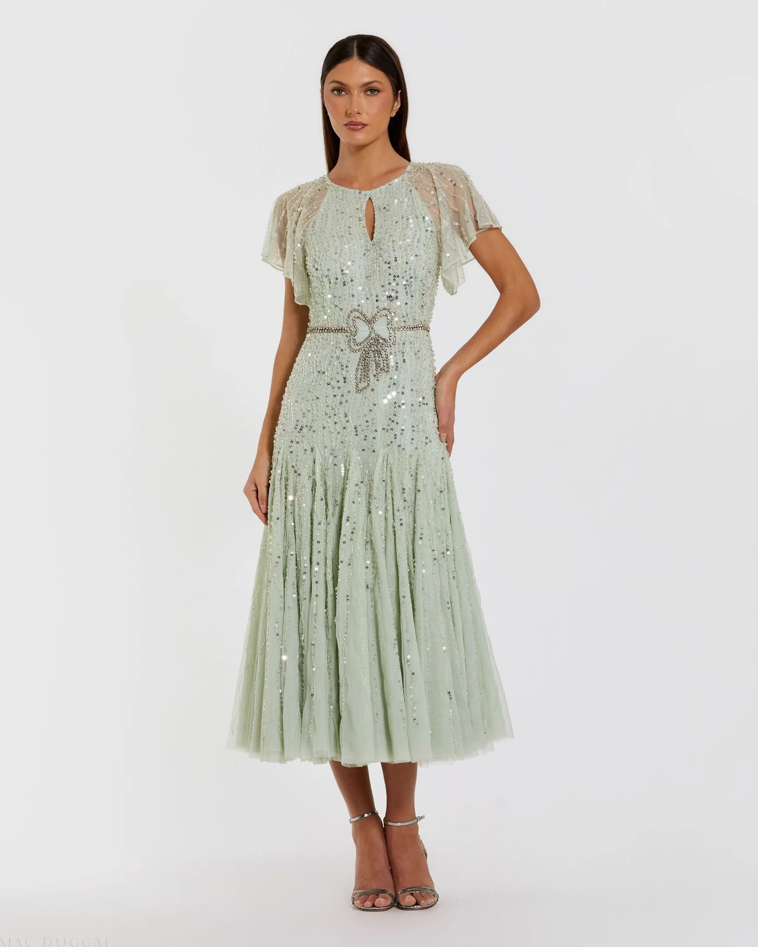 Green Embellished Bow Flutter Sleeve A Line Midi Dress-Myartka