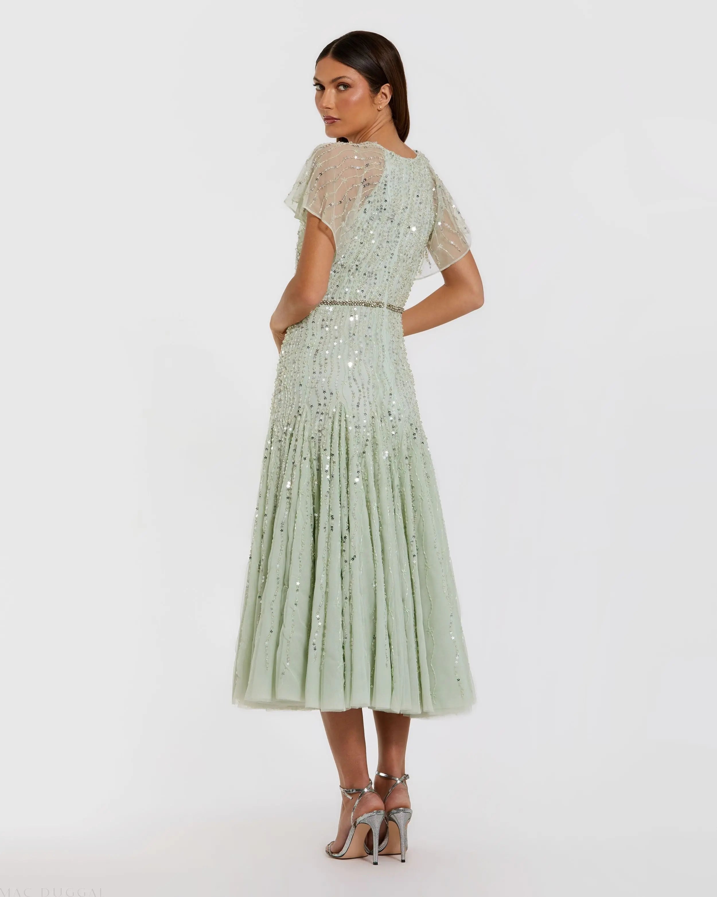 Green Embellished Bow Flutter Sleeve A Line Midi Dress-Myartka