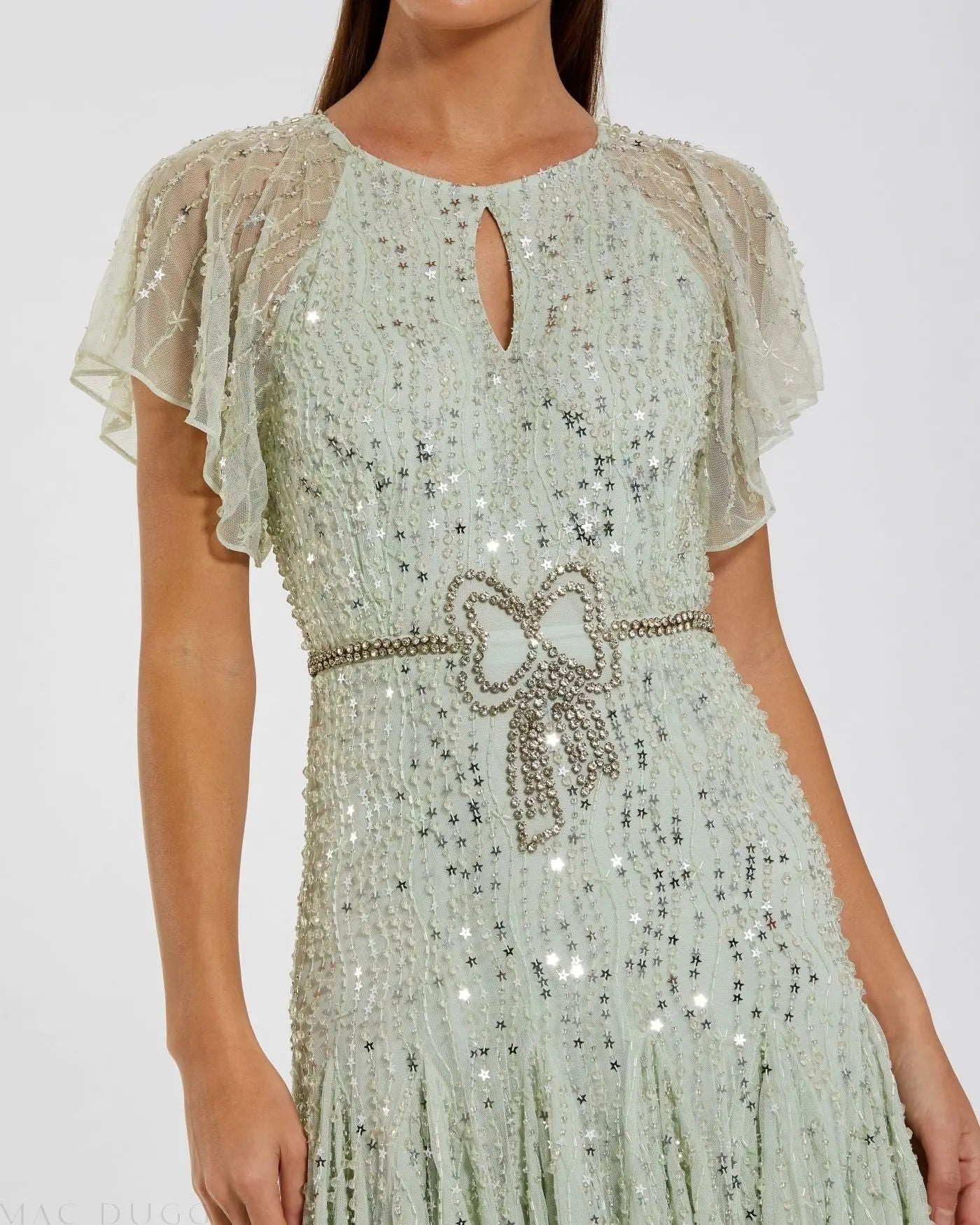 Green Embellished Bow Flutter Sleeve A Line Midi Dress-Myartka