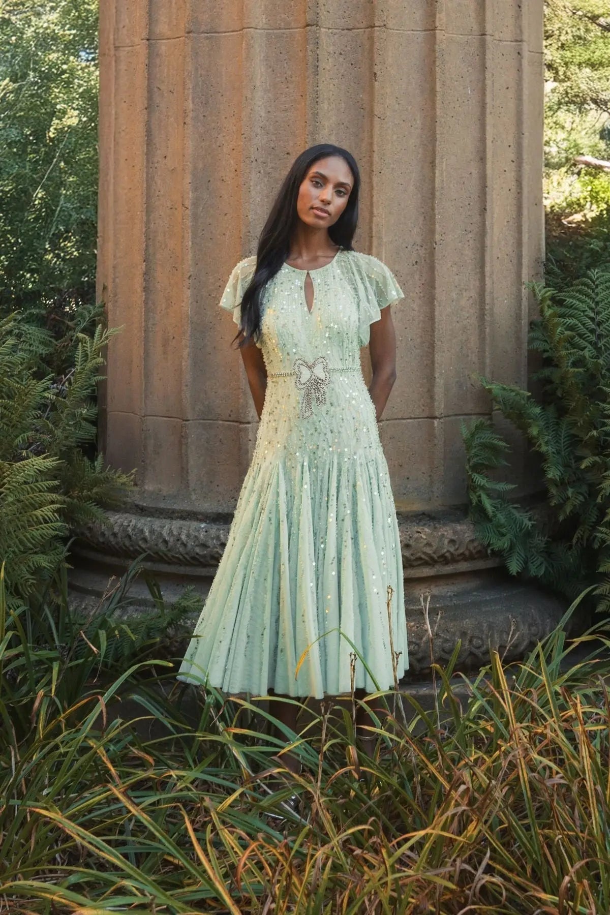 Green Embellished Bow Flutter Sleeve A Line Midi Dress-Myartka