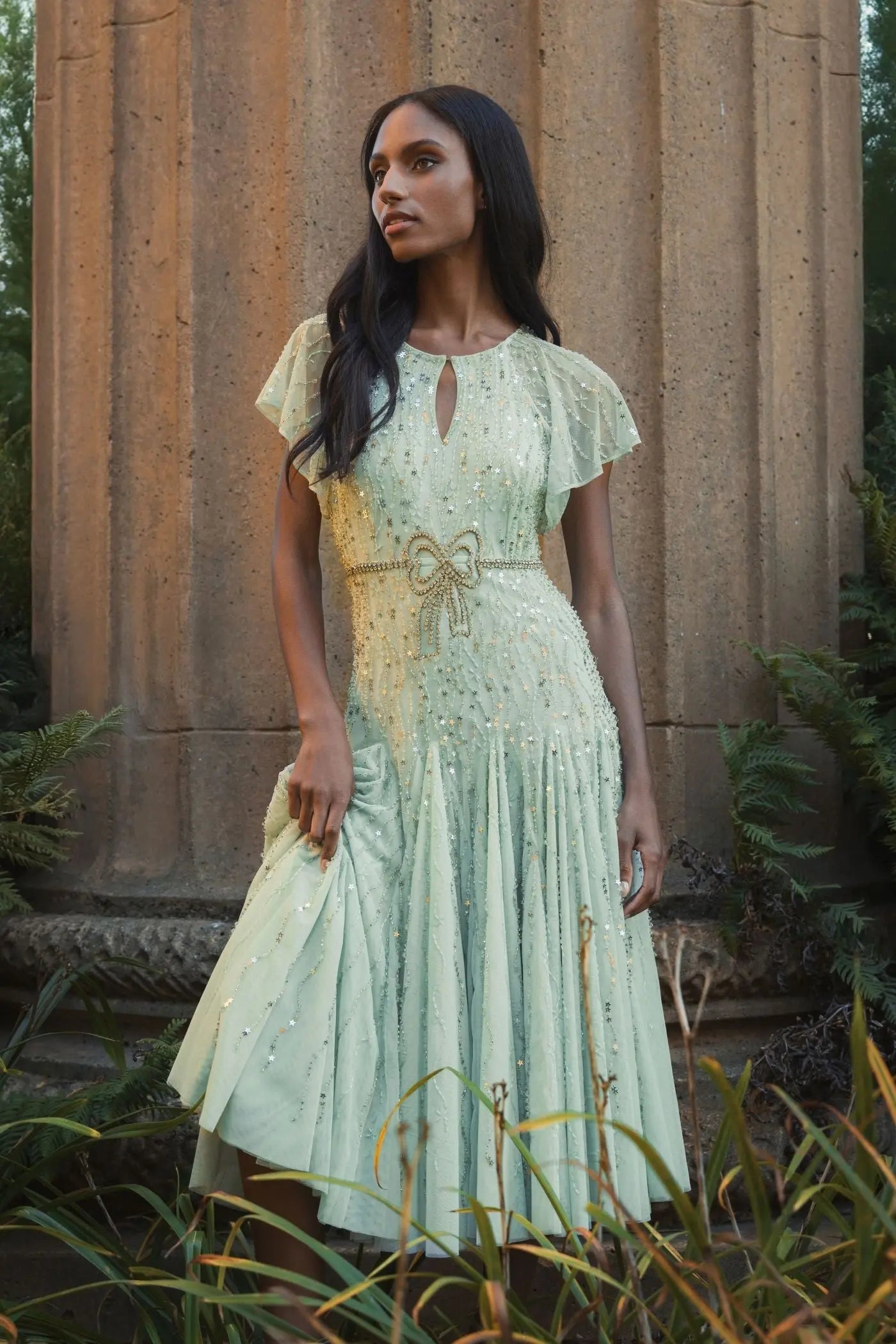 Green Embellished Bow Flutter Sleeve A Line Midi Dress-Myartka