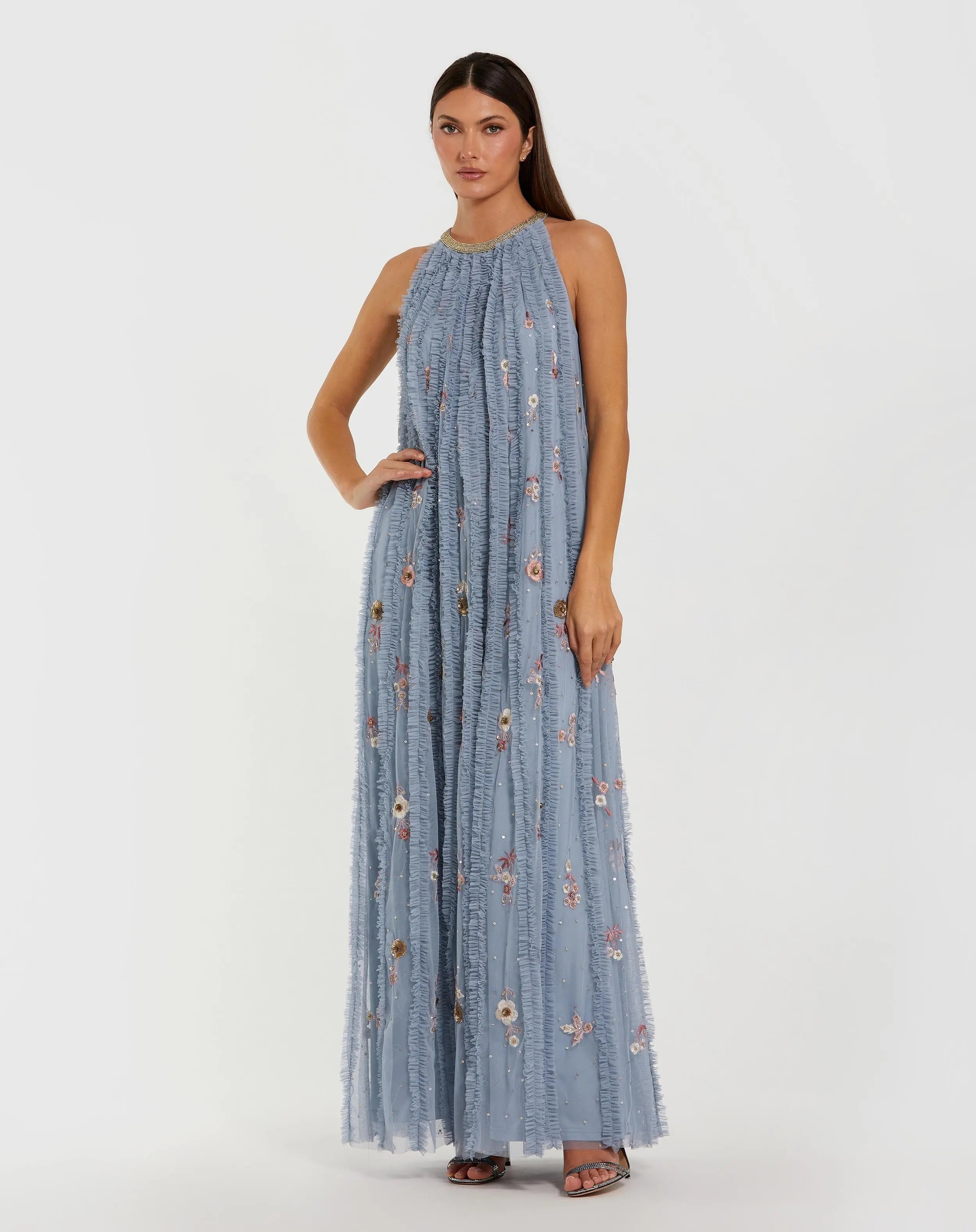 Blue Ruffled Trapeze Gown with Floral Embroidery-Myartka