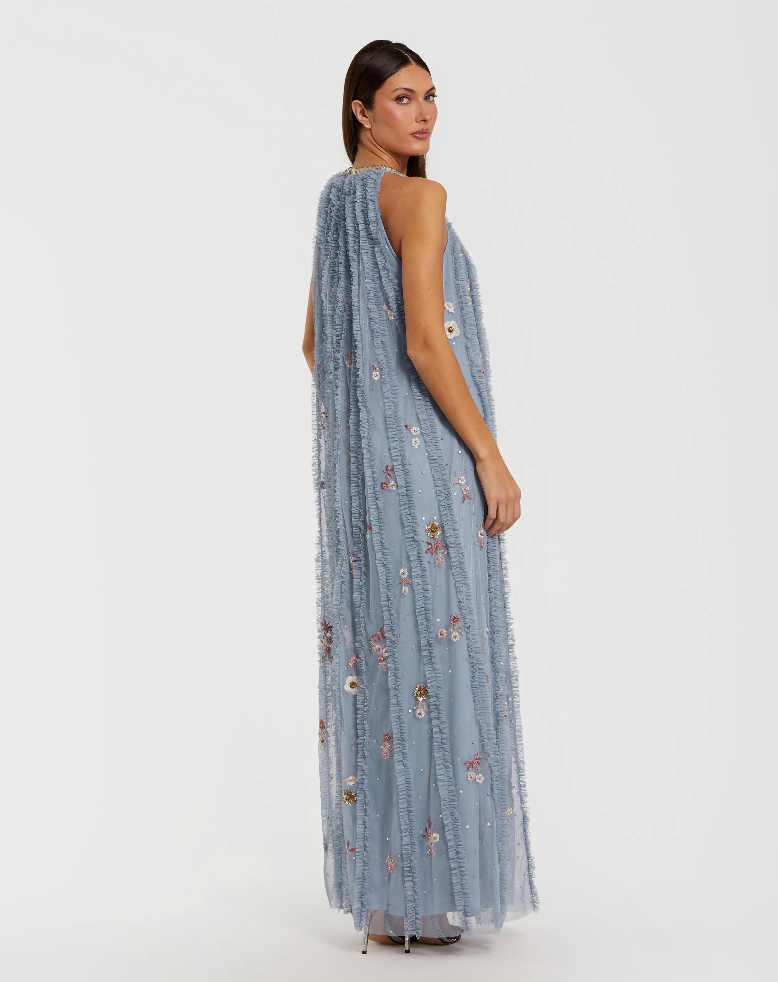 Blue Ruffled Trapeze Gown with Floral Embroidery-Myartka