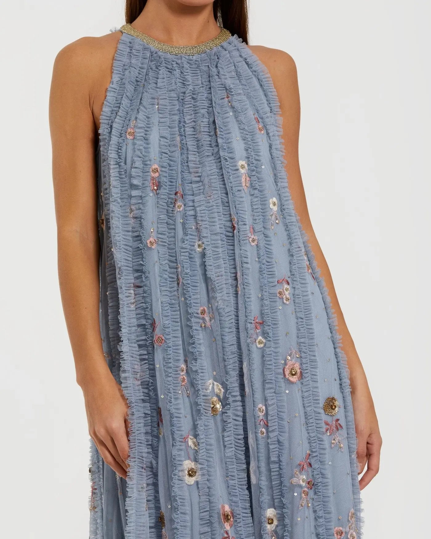 Blue Ruffled Trapeze Gown with Floral Embroidery-Myartka