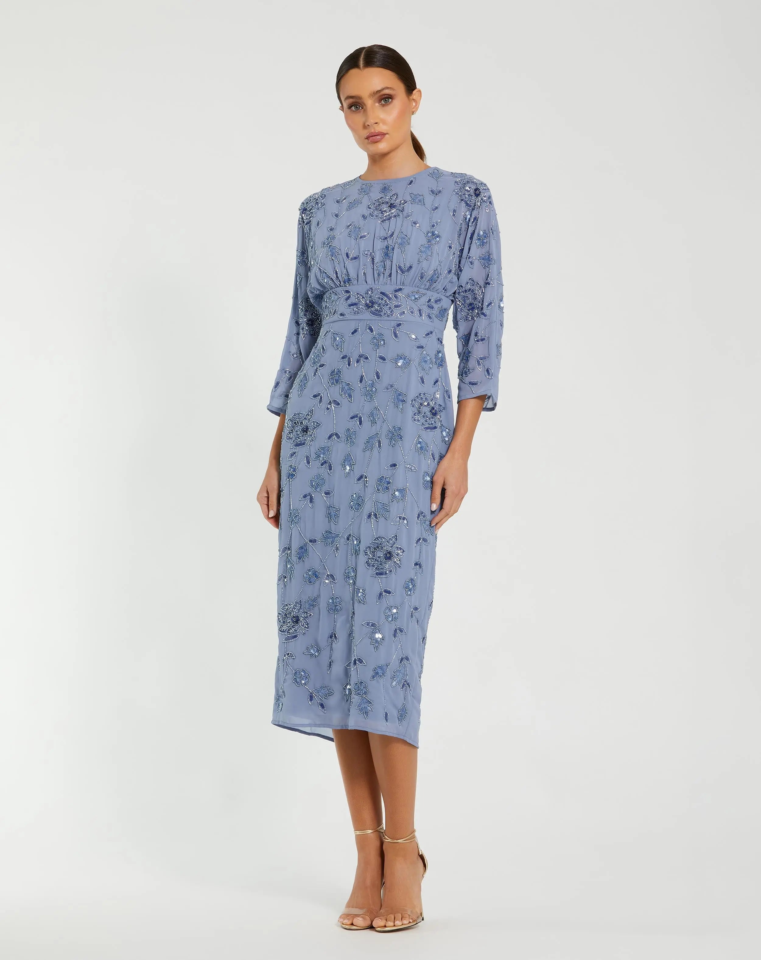 Blue Floral Embellished Midi Dress with 3/4 Sleeves-Myartka