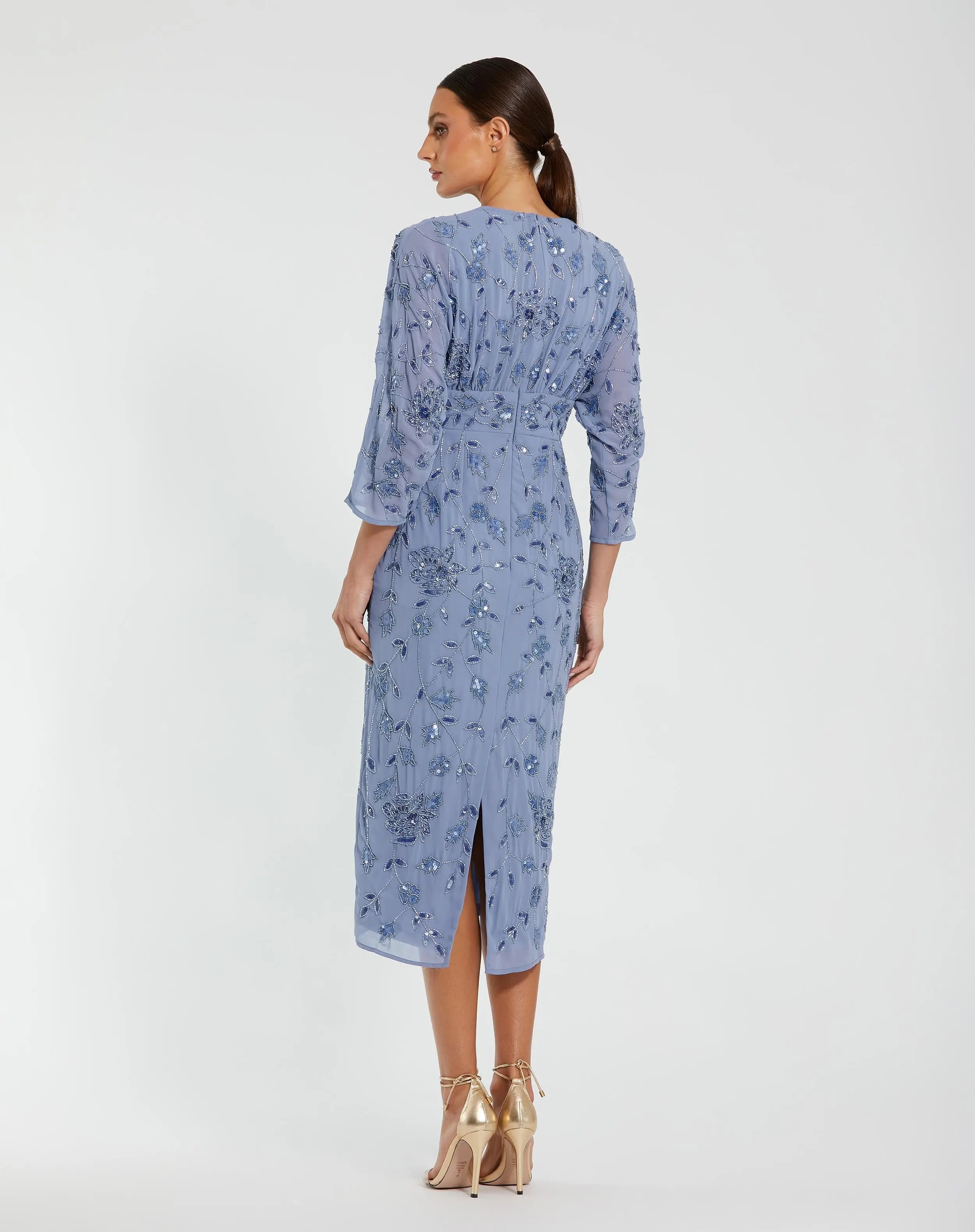 Blue Floral Embellished Midi Dress with 3/4 Sleeves-Myartka