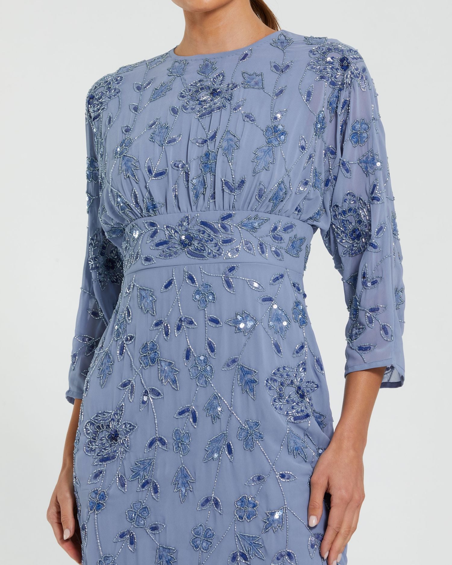 Blue Floral Embellished Midi Dress with 3/4 Sleeves-Myartka