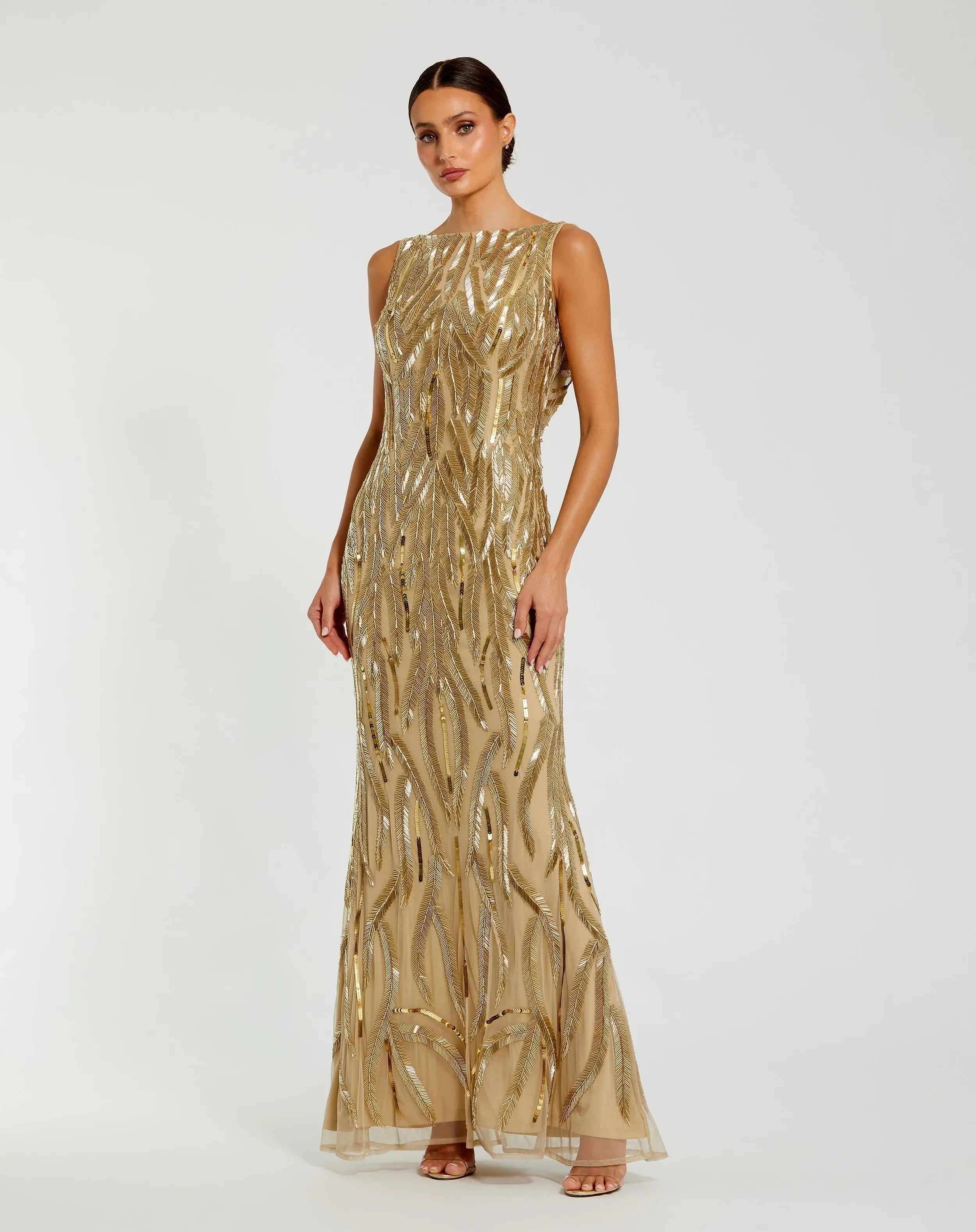 Gold High Neck Sleeveless Embellished Gown-Myartka