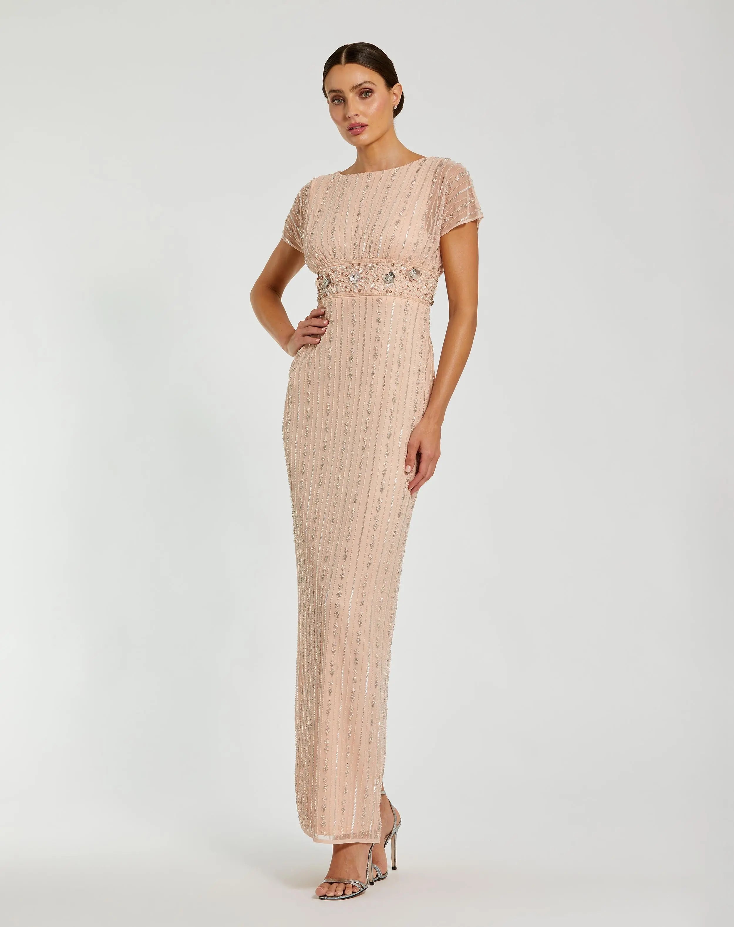Light Pink Beaded Blouson Column Gown-Myartka