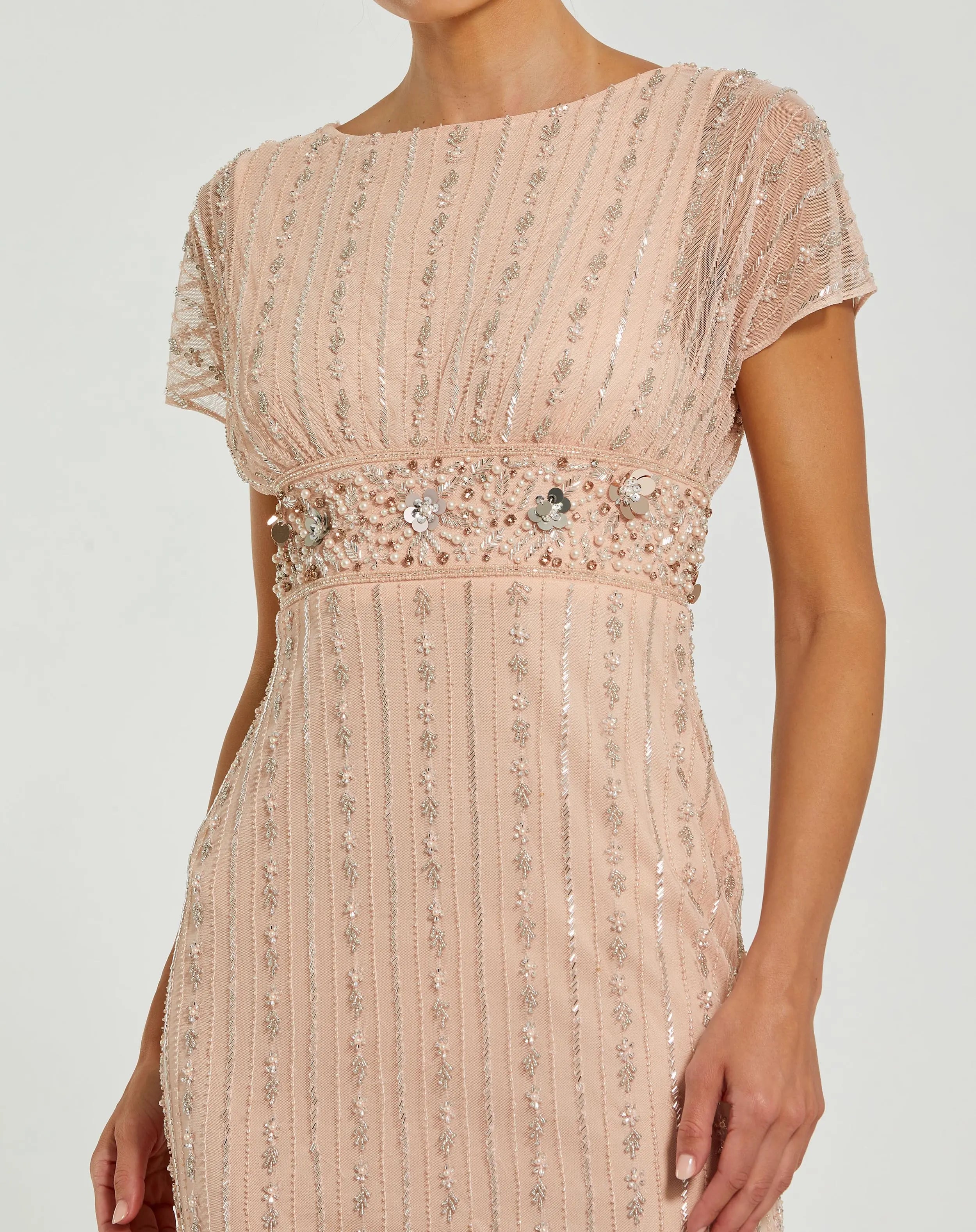 Light Pink Beaded Blouson Column Gown-Myartka