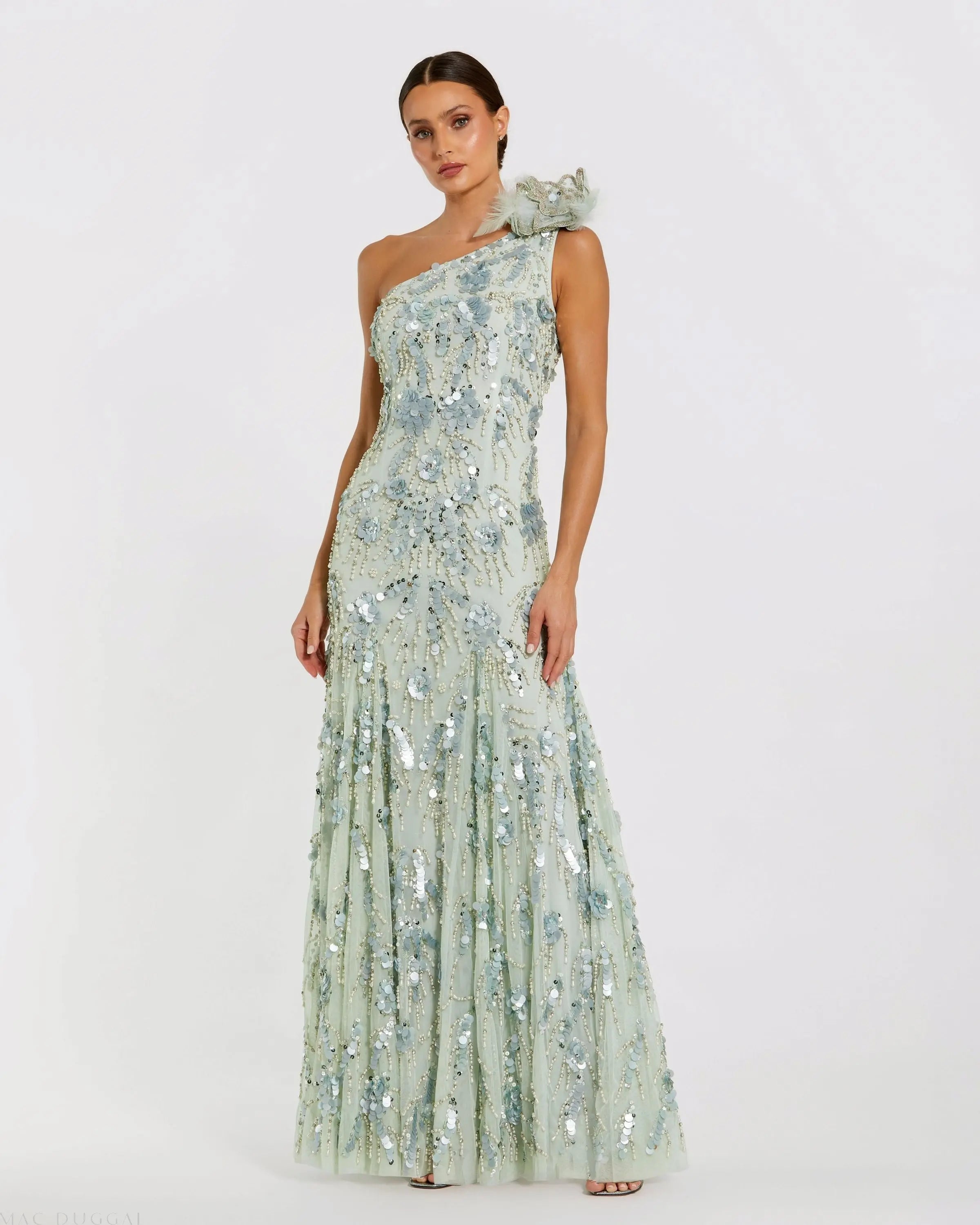 Green Embellished One Shoulder Trumpet Gown with Flower-Myartka