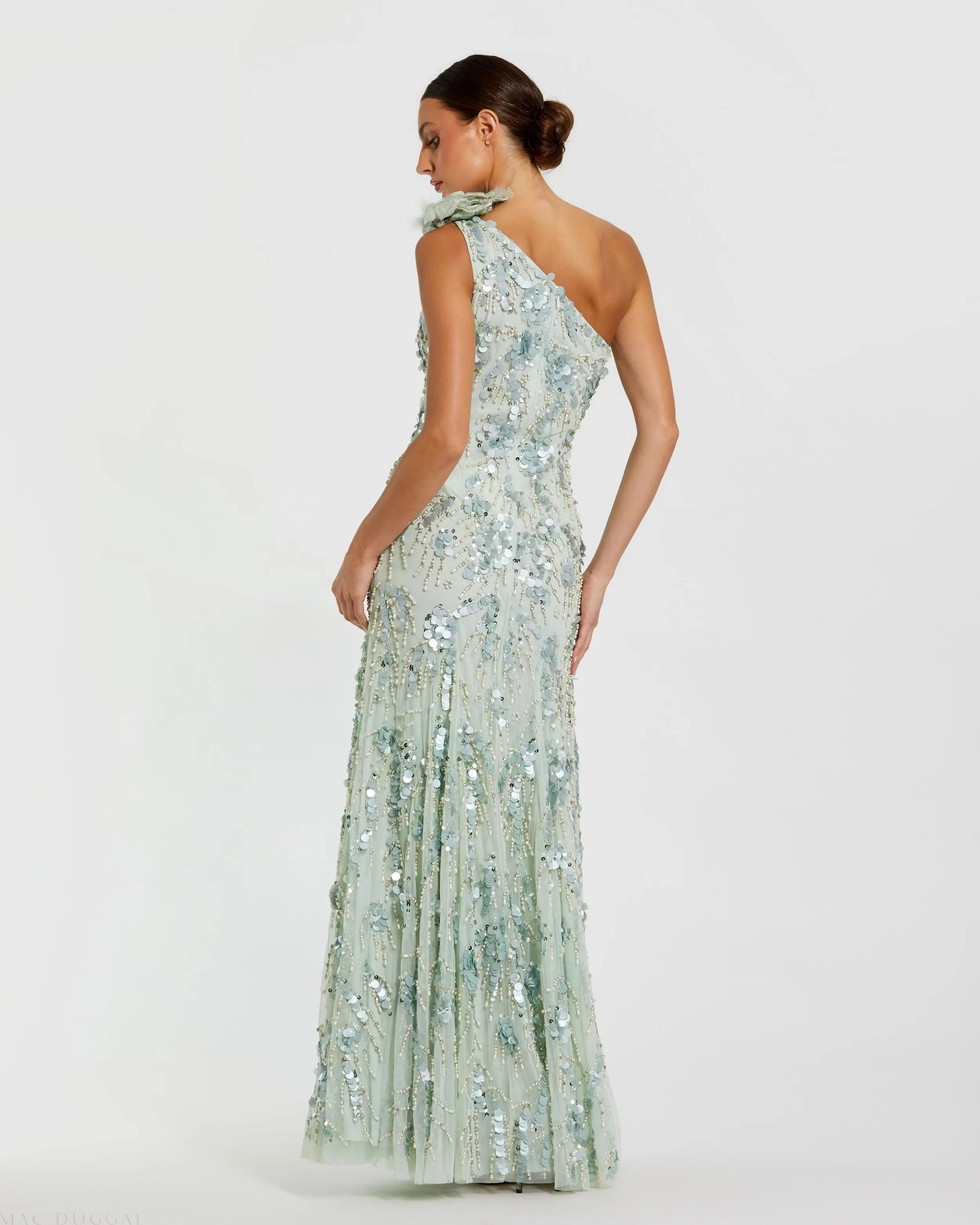 Green Embellished One Shoulder Trumpet Gown with Flower-Myartka
